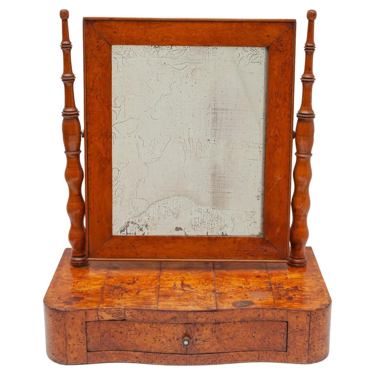 Antique Biedermeier Vanity Table Mirror In Burlwood, 19th Century, Germany