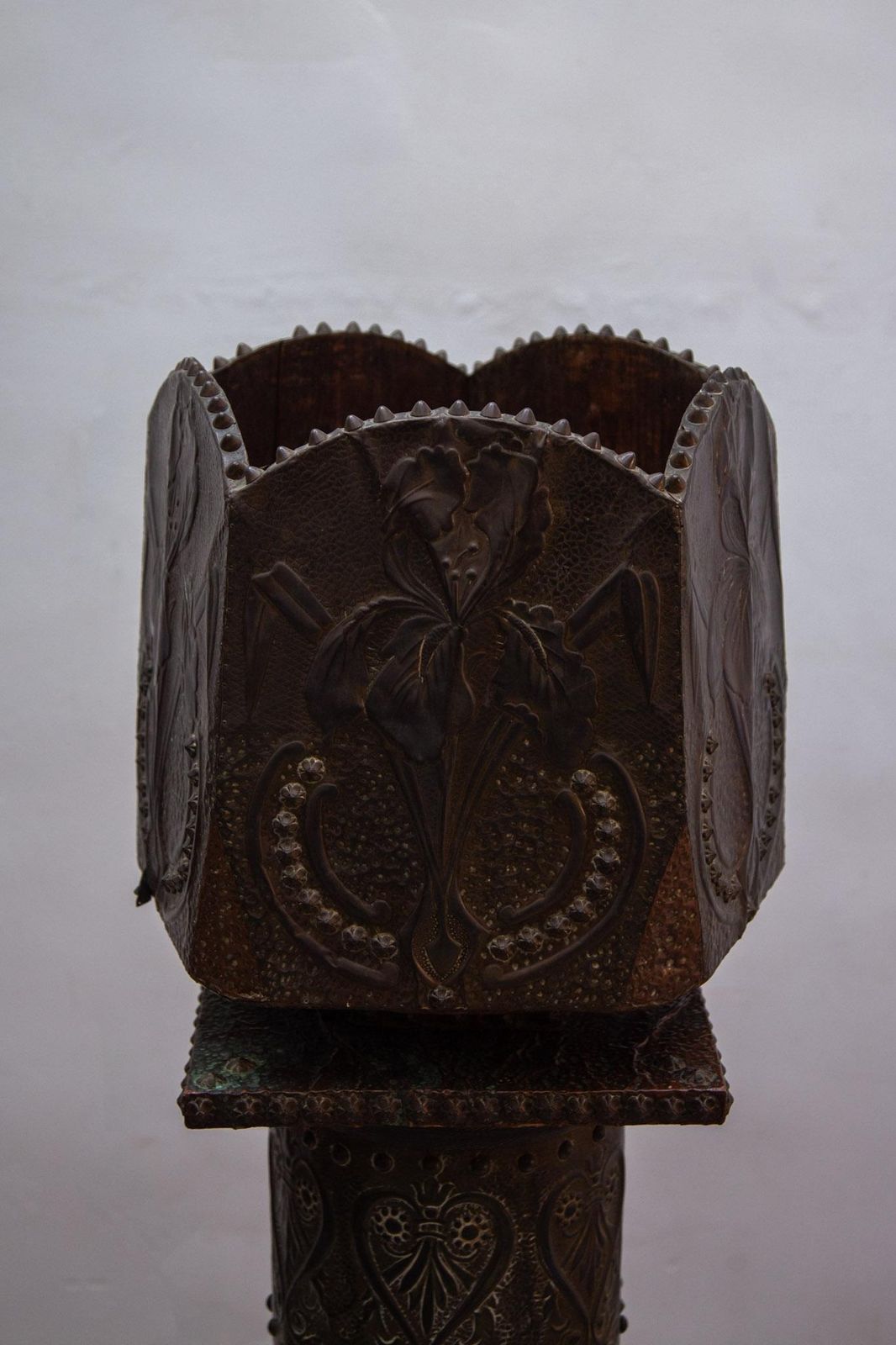 photo furniture Art Nouveau Pedestal And Planter In Hammered Copper By Large Iris Flowers