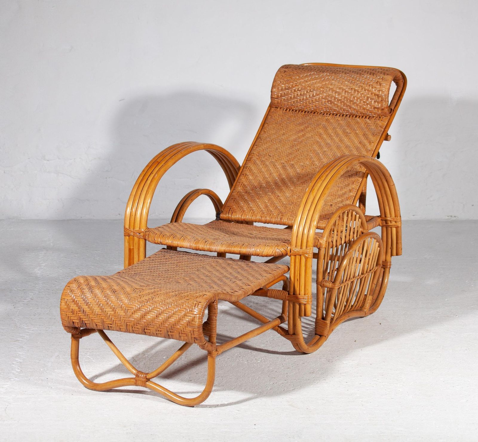 Boho Bamboo Extendable Lounger, Rattan Deck Chair, And Magazine Holder, 1950s photo vinterior