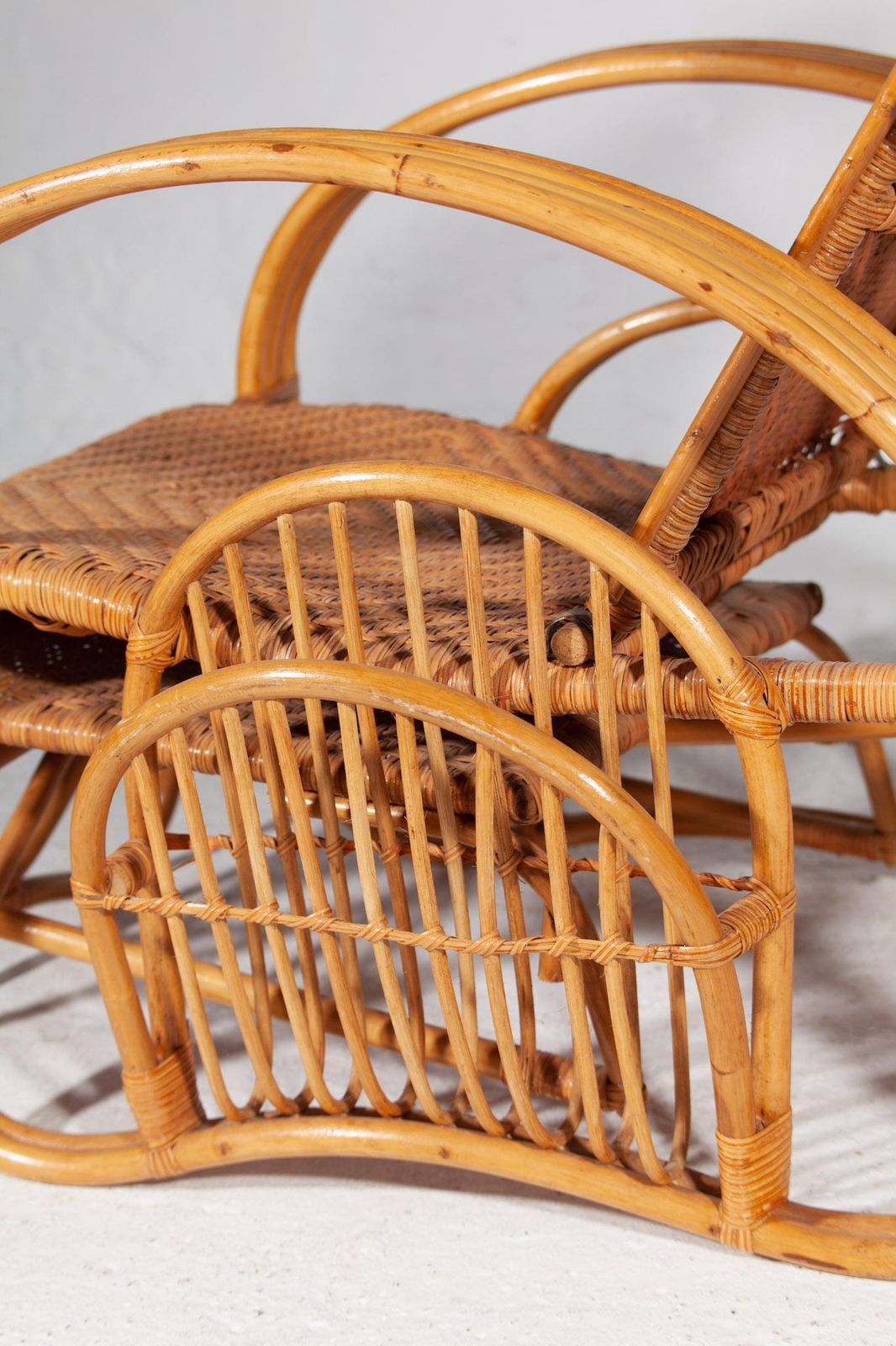 photo furniture Boho Bamboo Extendable Lounger, Rattan Deck Chair, And Magazine Holder, 1950s