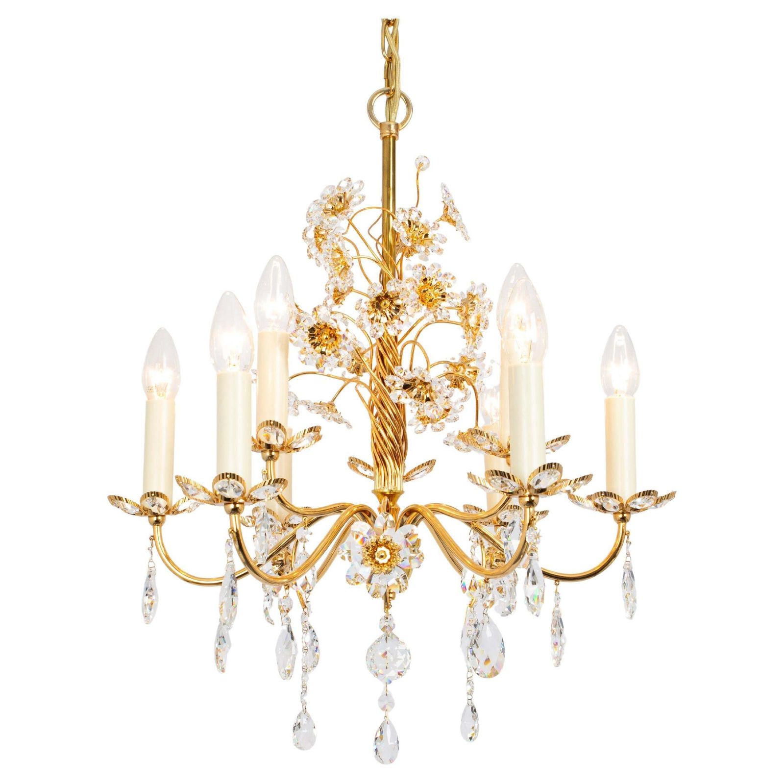 Large Gilt Brass Flower Shape Chandelier By Palwa, Germany, 1970s