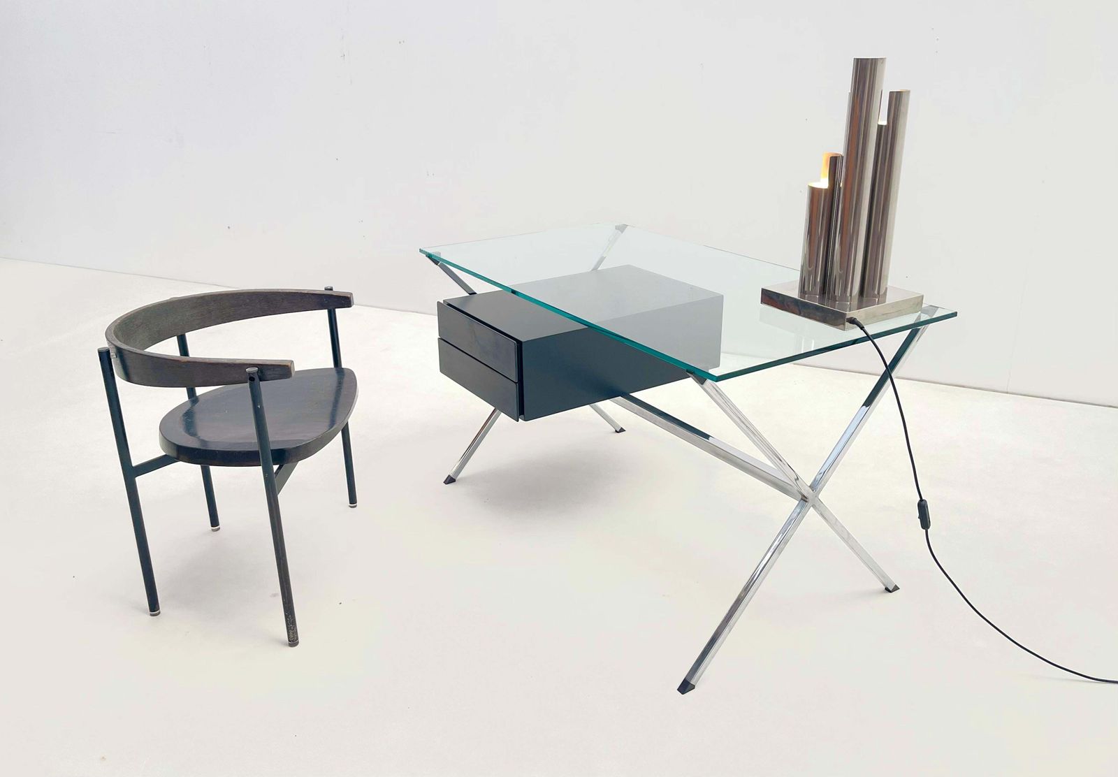 Franco Albini For Knoll   Chrome Glass And Black Wood Desk photo Furniture