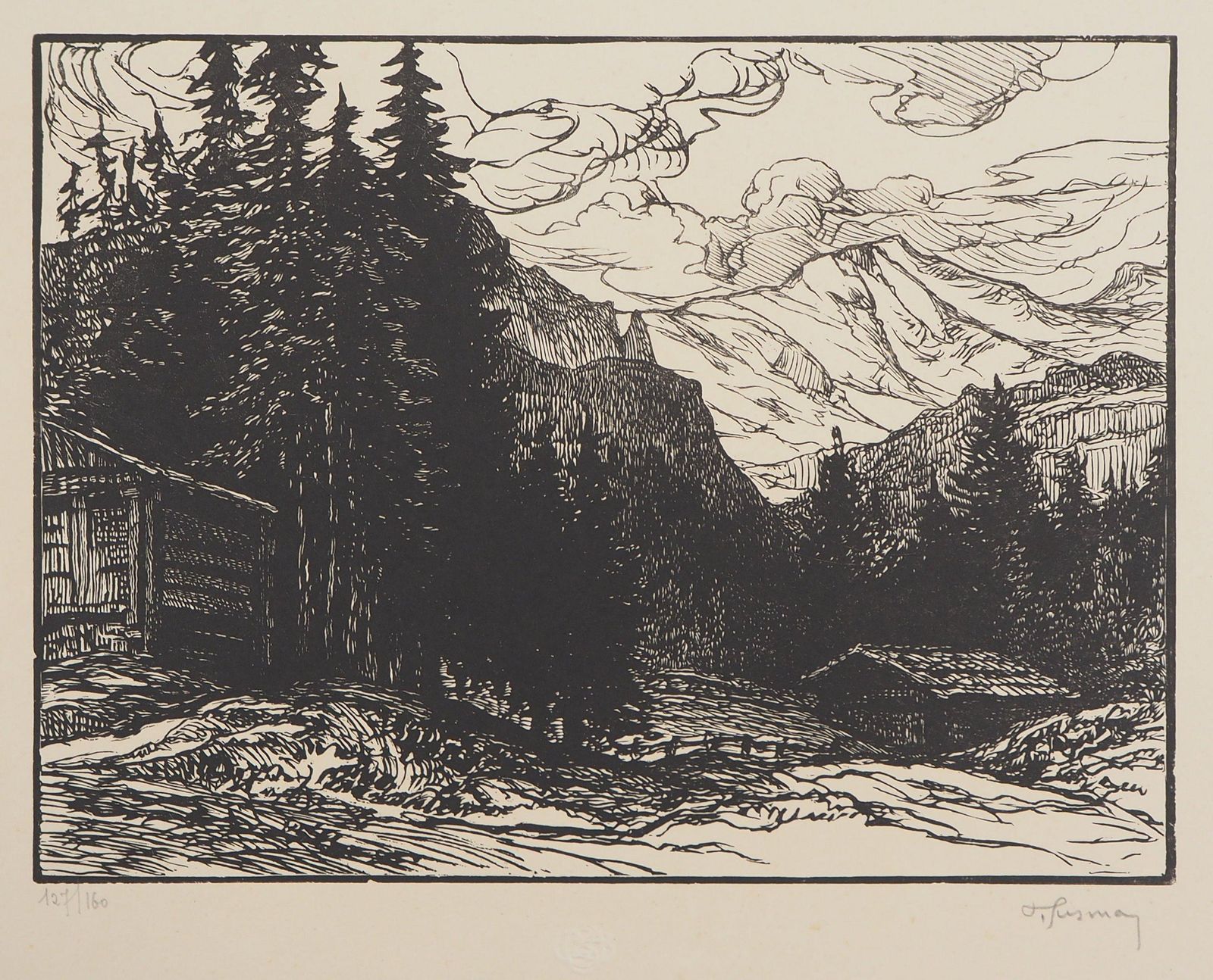 Pierre Gusmanmountain Landscape In Switzerland   Original Wooodcut, Handsigned1924