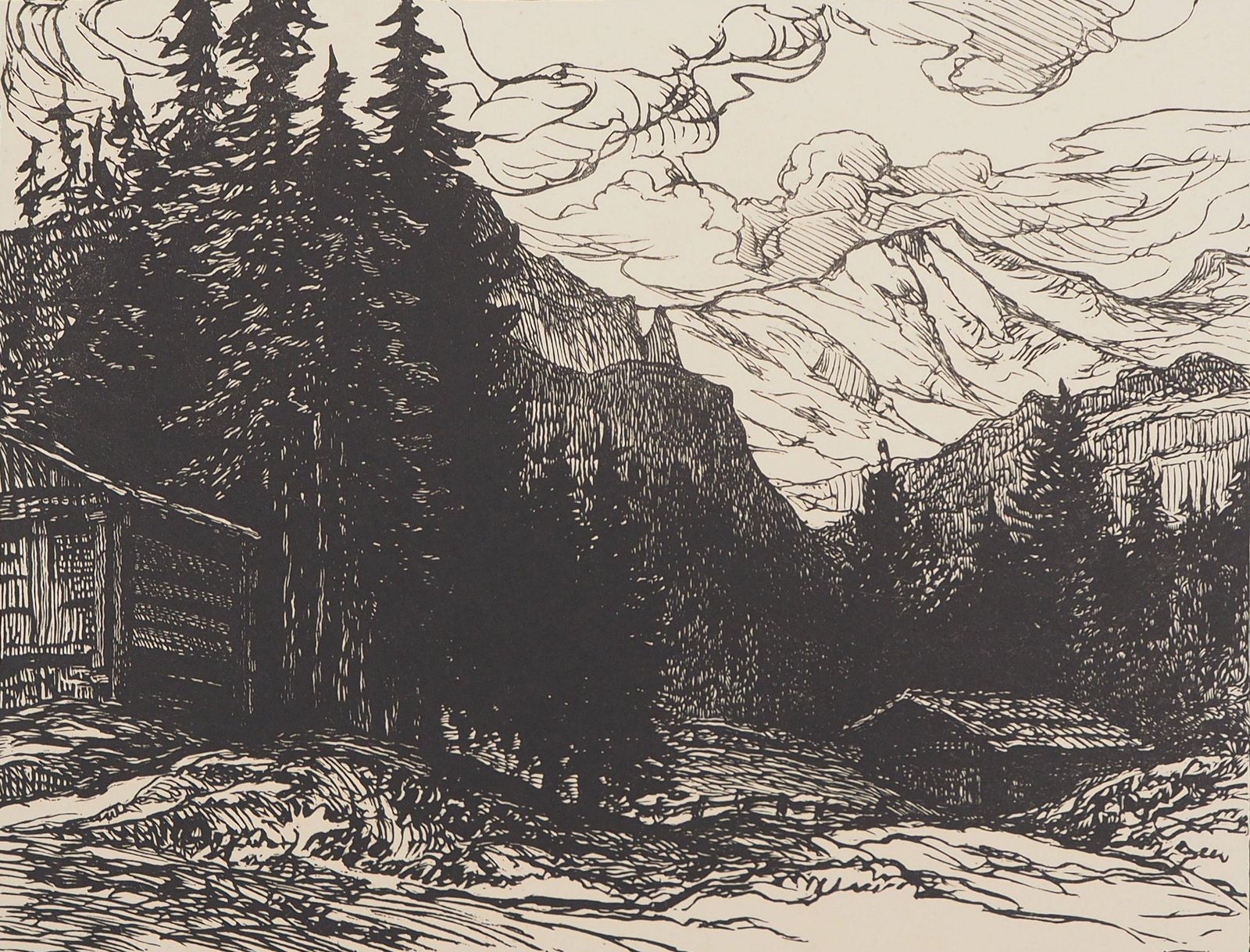 Pierre Gusmanmountain Landscape In Switzerland   Original Wooodcut, Handsigned1924 photo for sale