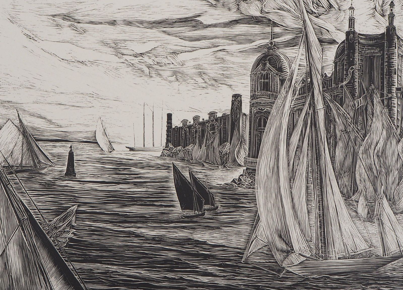 Herbert Lespinasseseascape : Castel And Sailboats   Original Wooodcut, Handsigned1924 photo Art