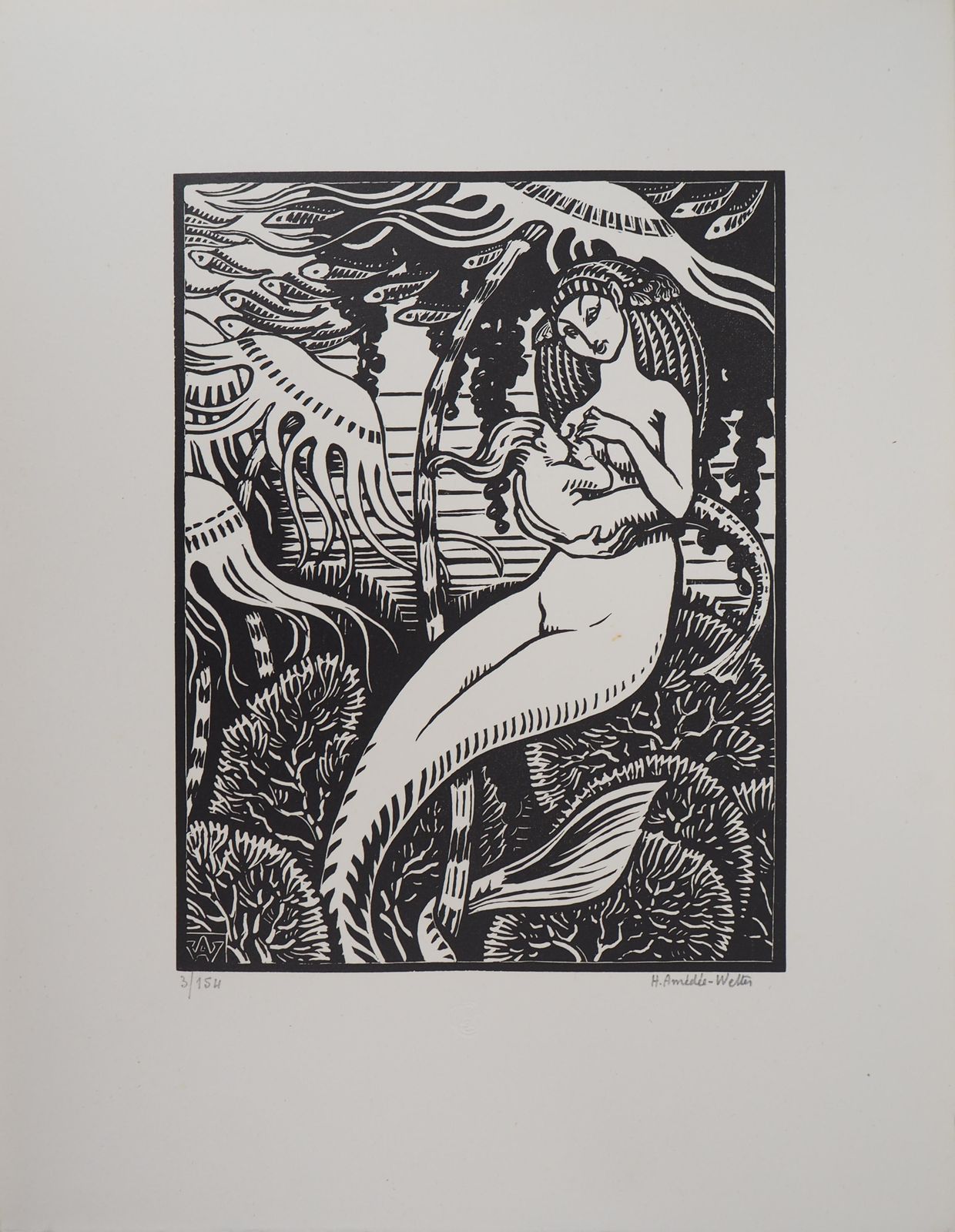 Henri Amedee Wetterlife In The Sea : Mermaid Maternity   Original Wooodcut, Handsigned & Numbered1922 photo furniture