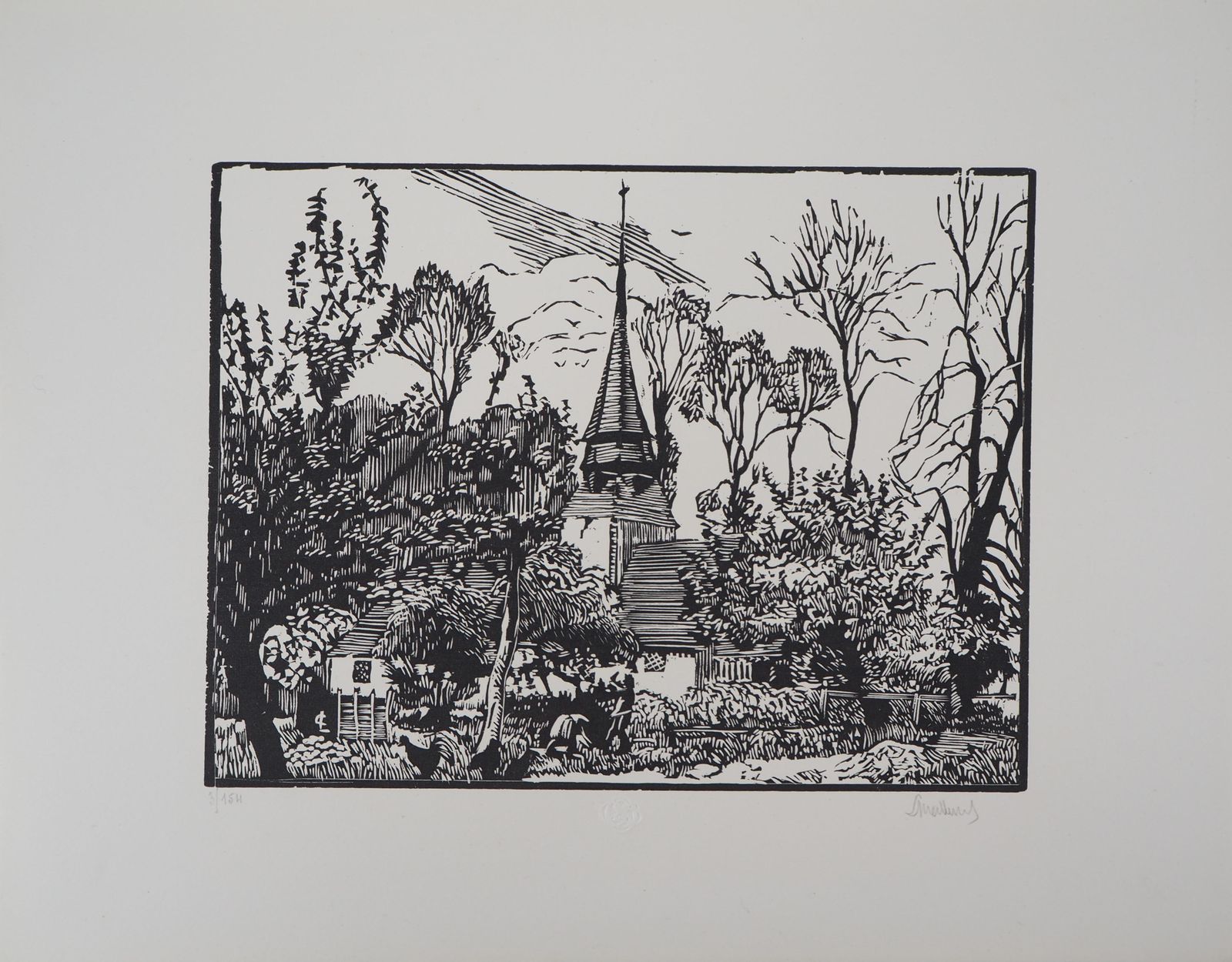 Georges Le Meilleurthe Old Church   Original Wooodcut, Handsigned1922 photo furniture