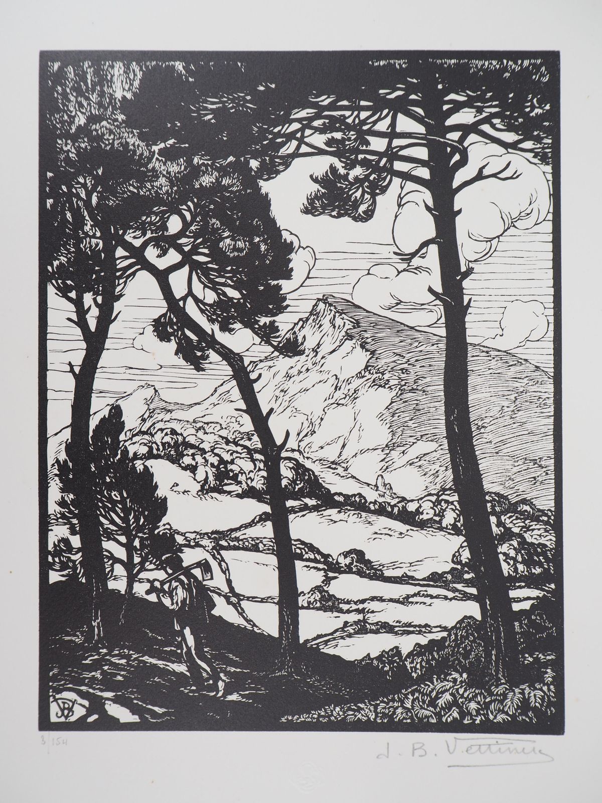 Jean Baptiste Vettinerworker In A Landscape With Pine Trees   Original Wooodcut, Handsigned1922
