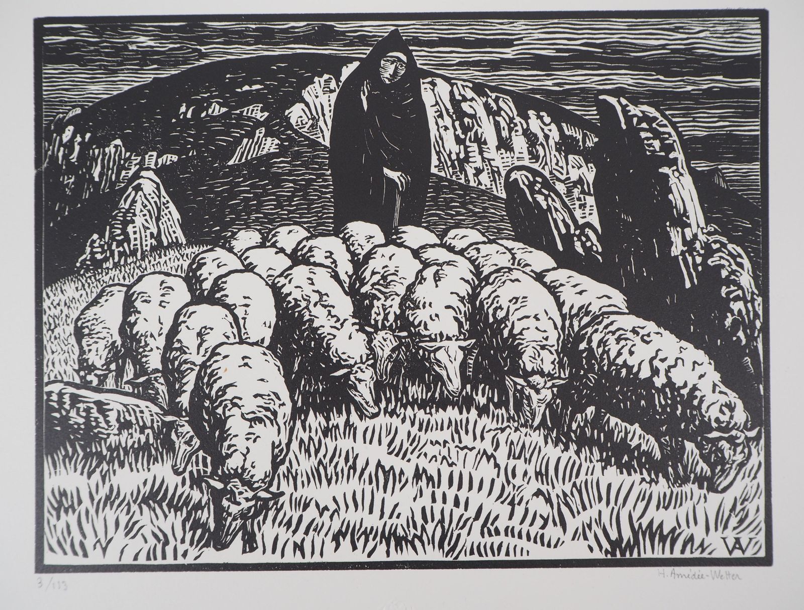Henri Amedee Wettershepherdess And Her Sheep   Original Wooodcut, Handsigned & Numbered1920 photo Art
