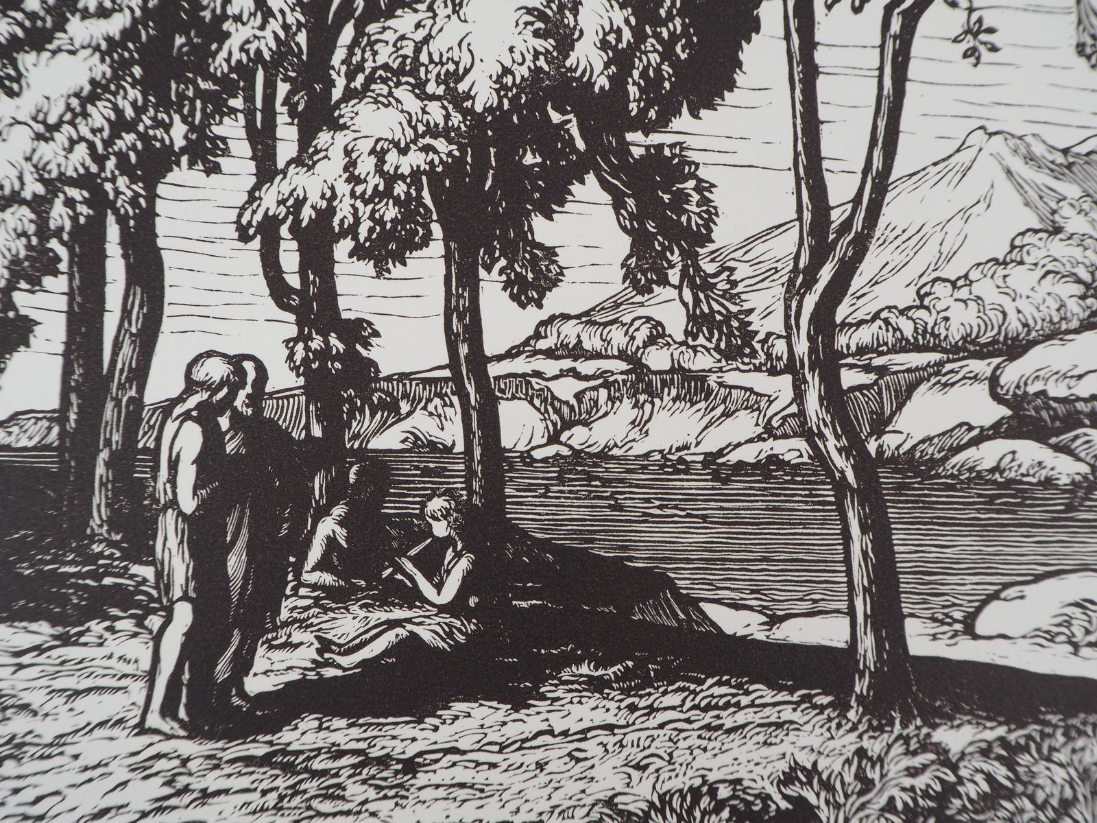 Jean Baptiste Vettinerthe Philosophers : Quiet Walk Near The Sea  Original Wooodcut, Handsigned1921 photo for sale