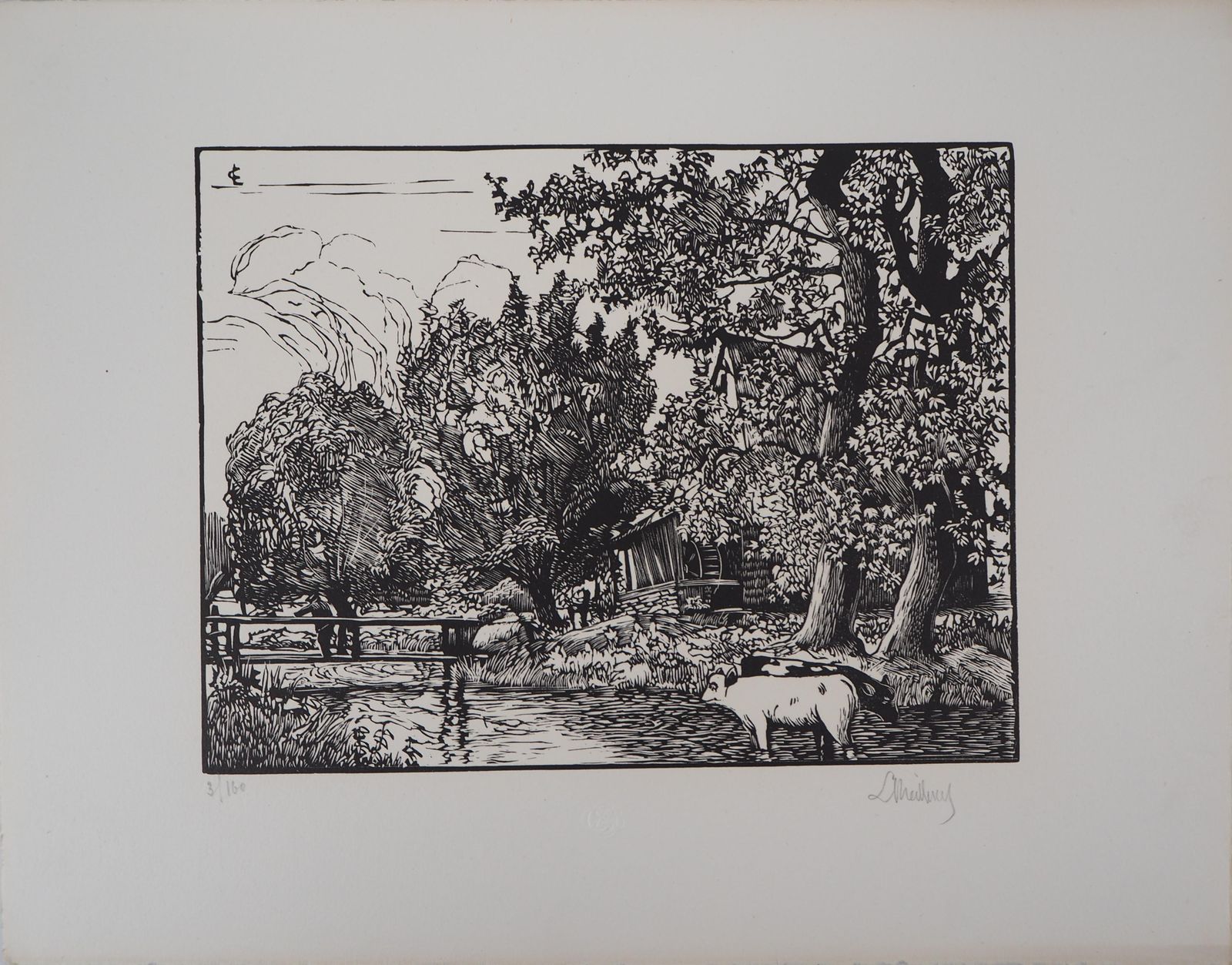 Georges Le Meilleurlandscape With A Mill On The River   Original Wooodcut, Handsigned1927 photo furniture