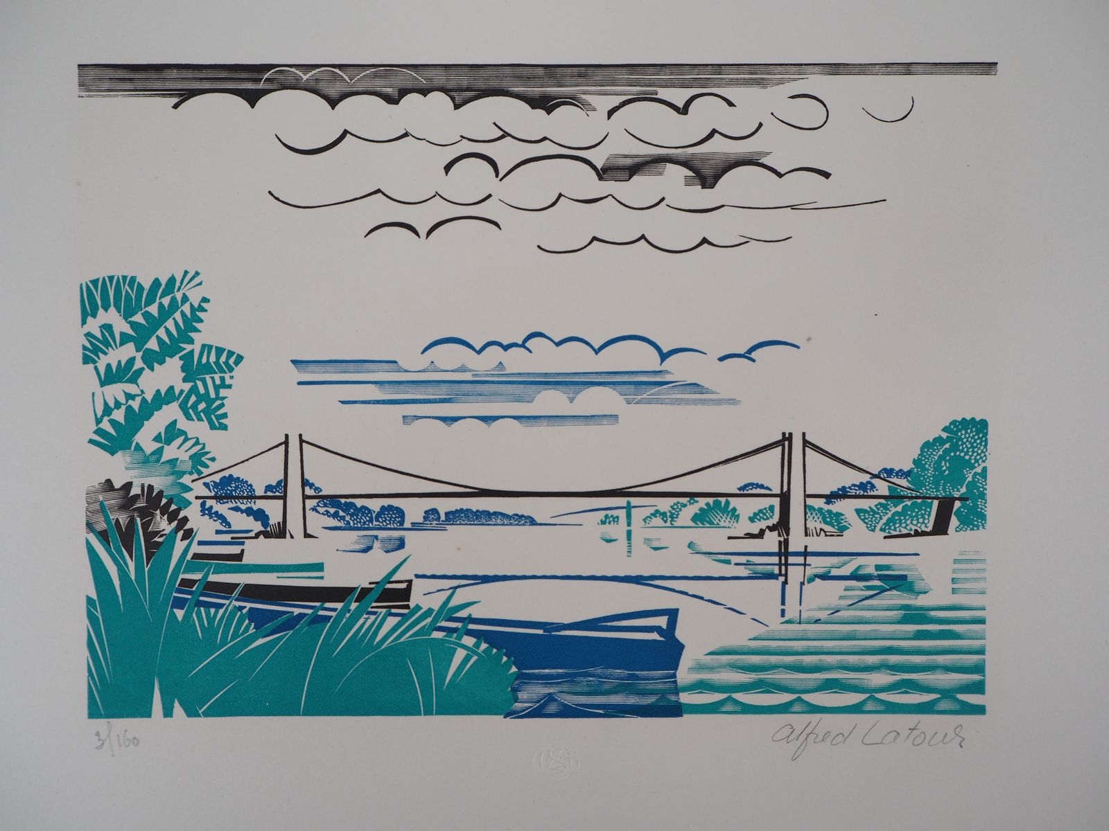 Alfred Latourart Deco Landscape : The Bridge In Brittain   Original Wooodcut, Handsigned1927