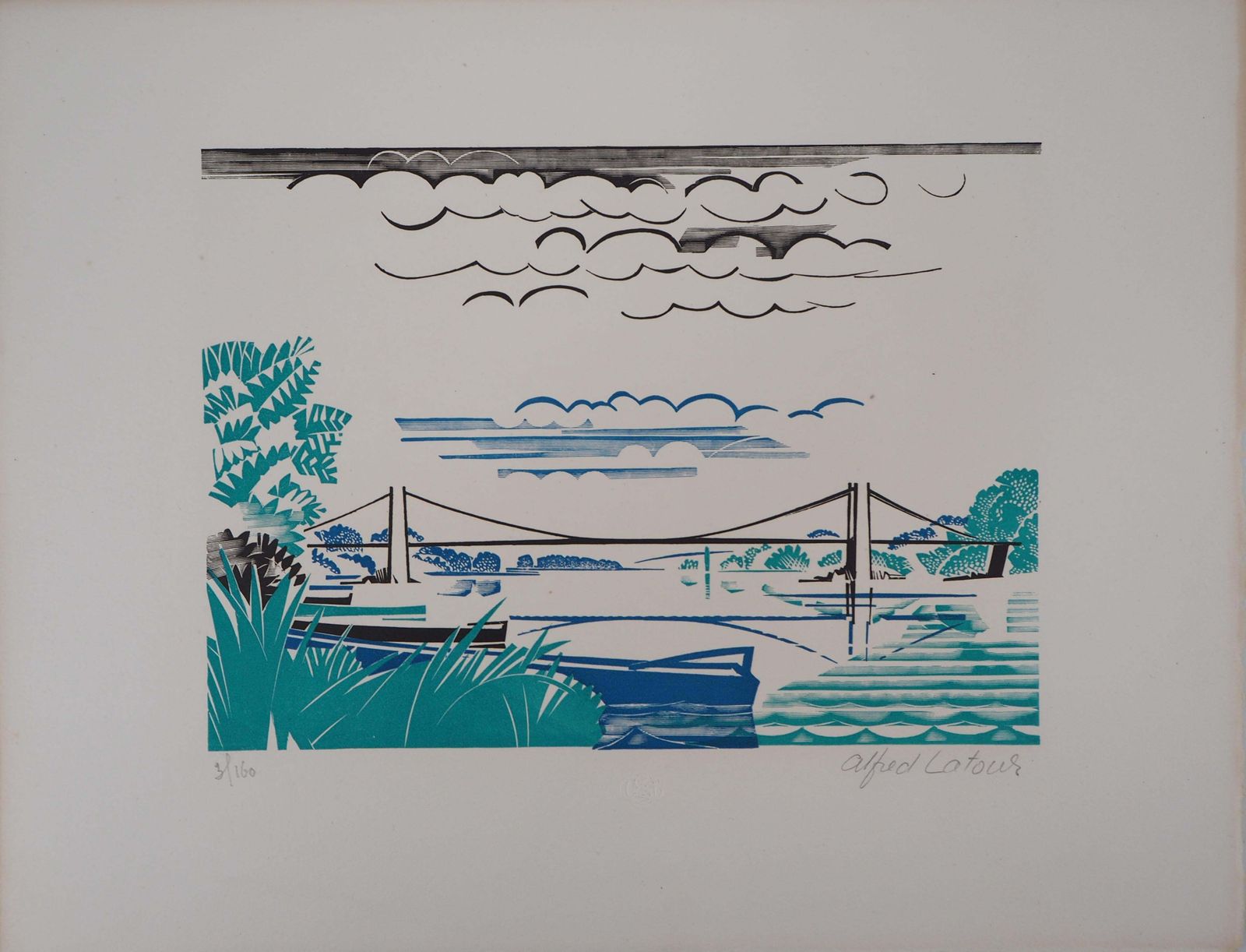 Alfred Latourart Deco Landscape : The Bridge In Brittain   Original Wooodcut, Handsigned1927 photo furniture