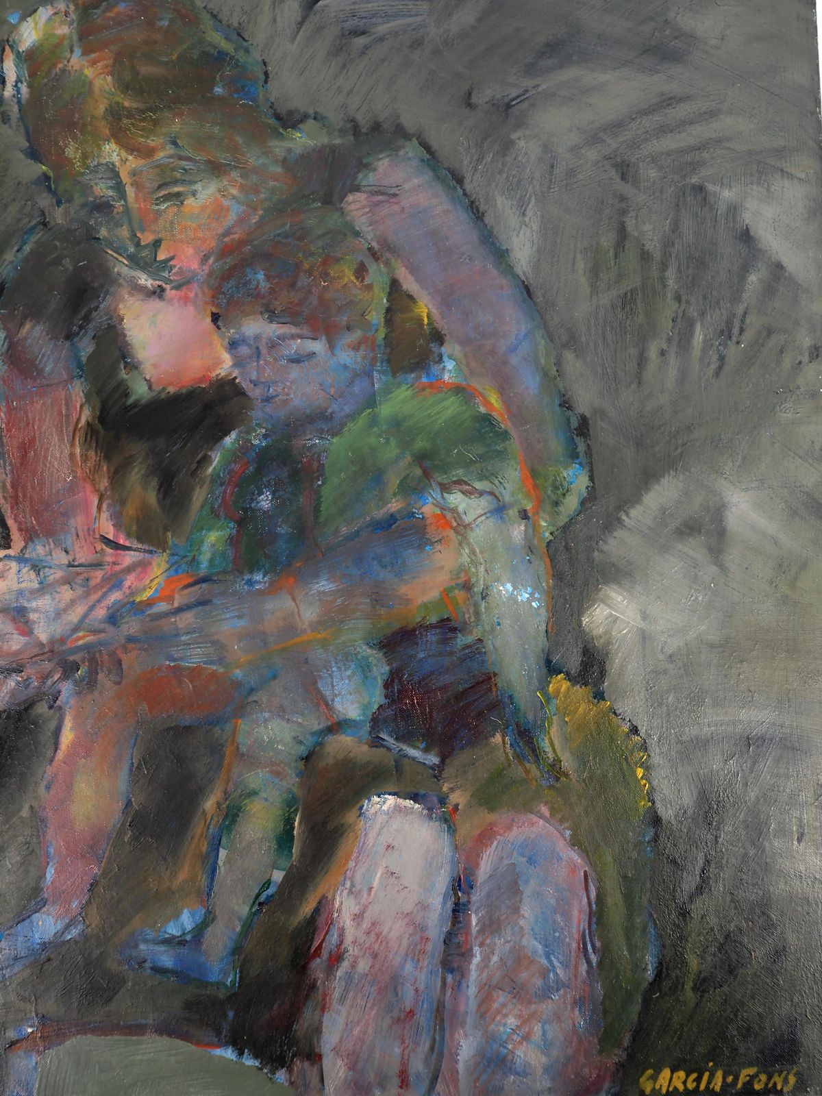 Pierre Garcia Fonsmaternity : Mother And Son Reading   Original Oil On Canvas, Signedc. 1965 photo Art
