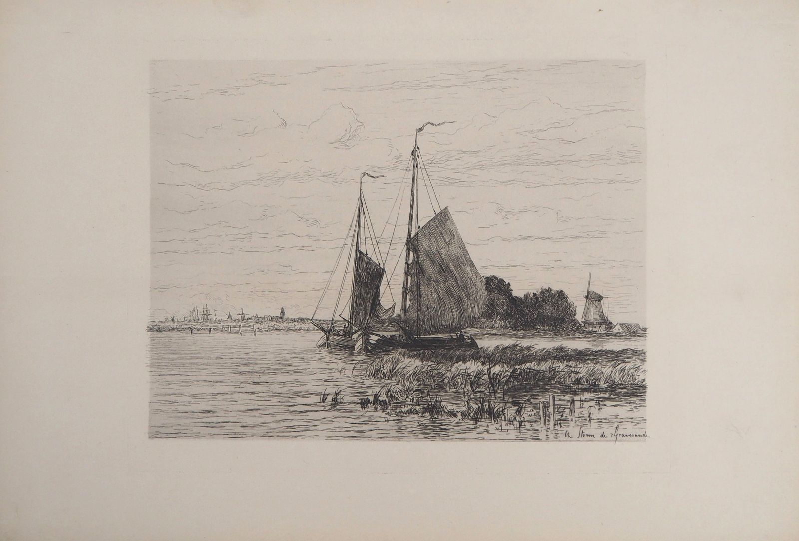 Charles Storm Van S'gravesandeholland : Fisherman Sailboats On The River, Original Etching photo 129.0