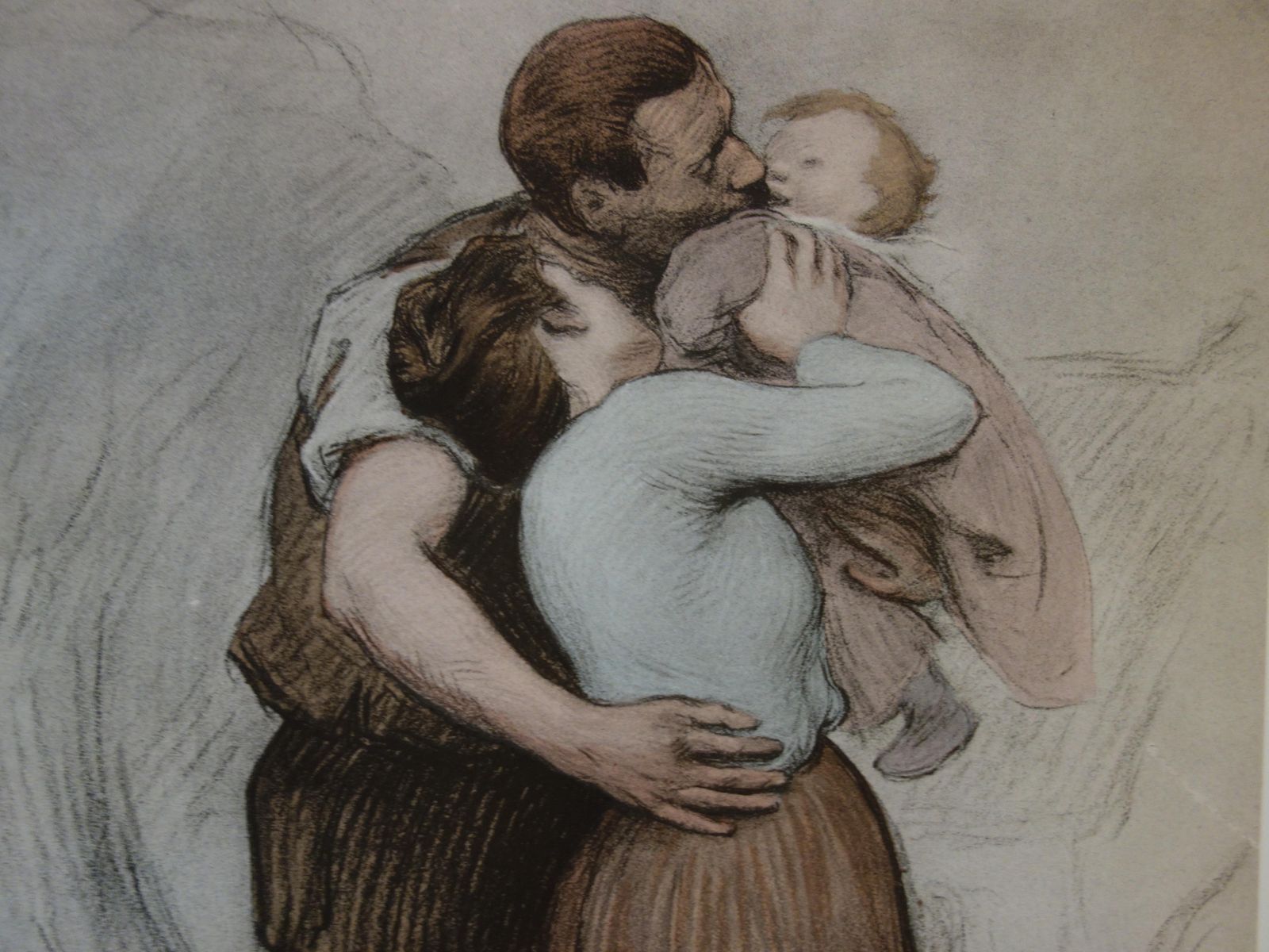 Victor Prouvefamily : Mother And Father Kissing A Baby   Original Lithograph   18981897 photo for sale