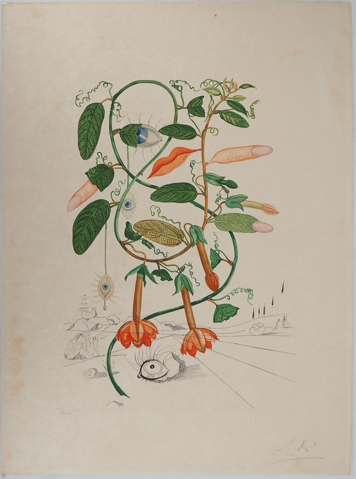 Salvador Dalí­Flordali : Surreal Tree, Fingers & Lips   Original Signed Etching (Field #68 3i)1969