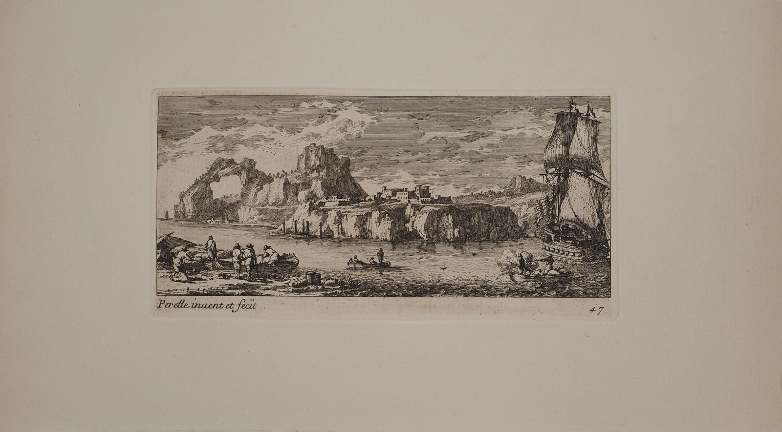 Gabriel Perellelandscape With A Sailboat And Fishermen   Original Etching photo for sale