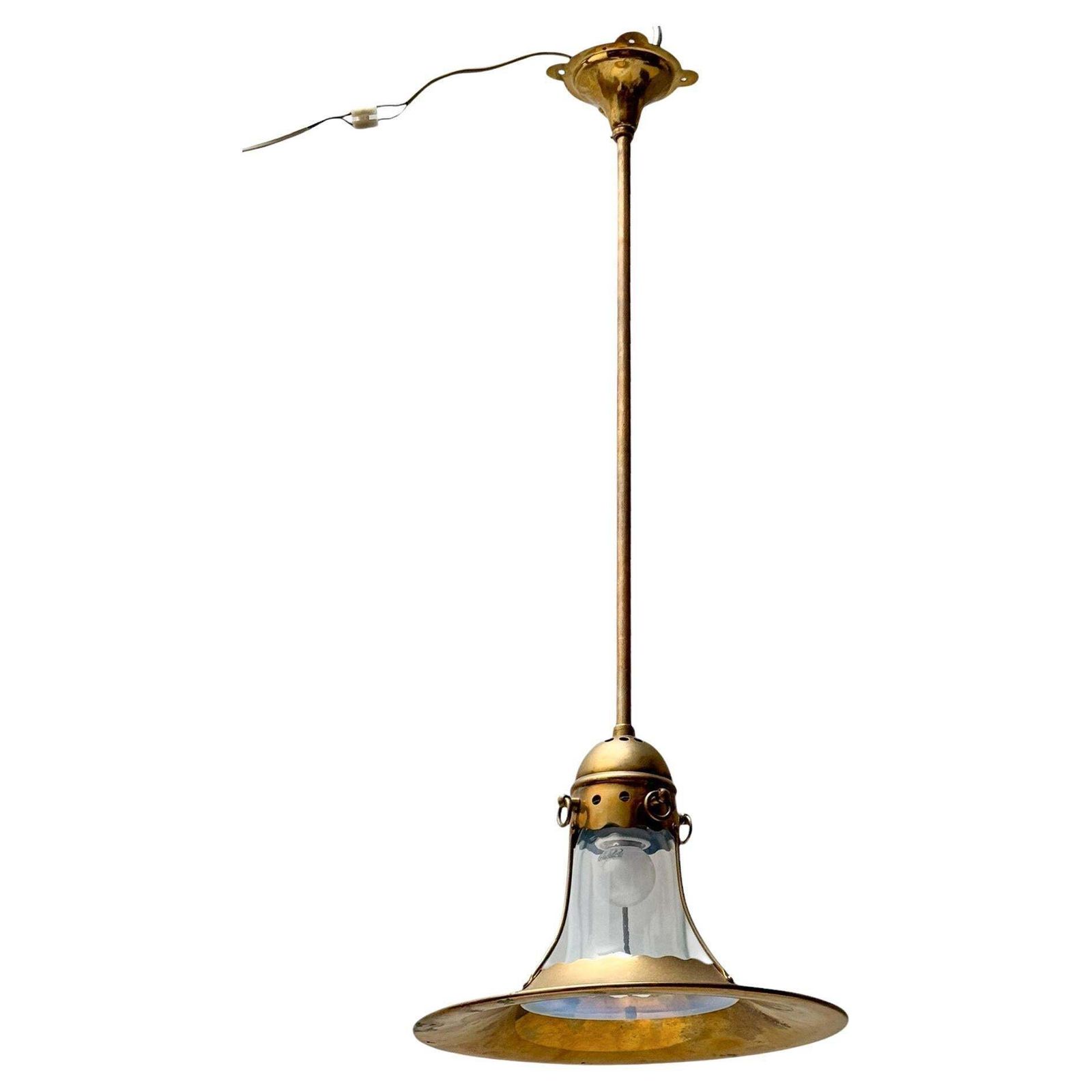 Arts & Crafts Brass Pendant With Origina Blownl Glass Shade, 1900s