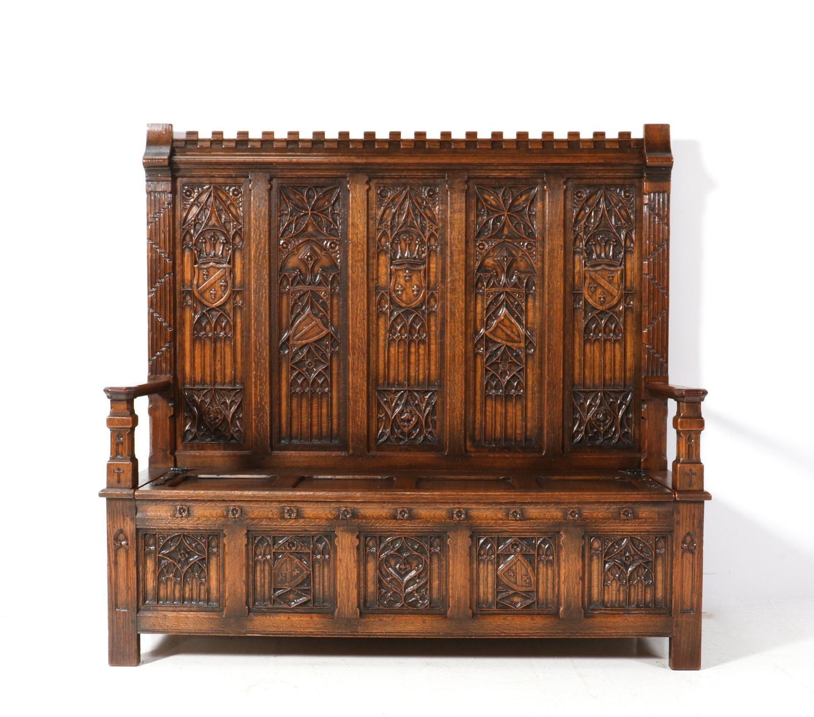 Gothic Revival Oak High Back Hall Bench, 1900s photo for sale