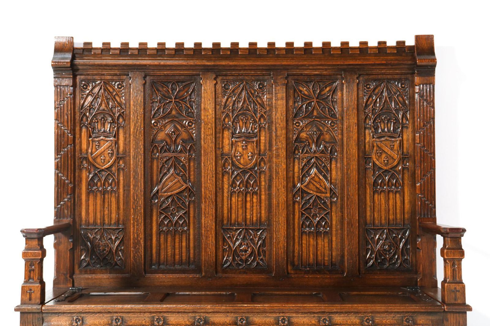 Gothic Revival Oak High Back Hall Bench, 1900s photo Furniture