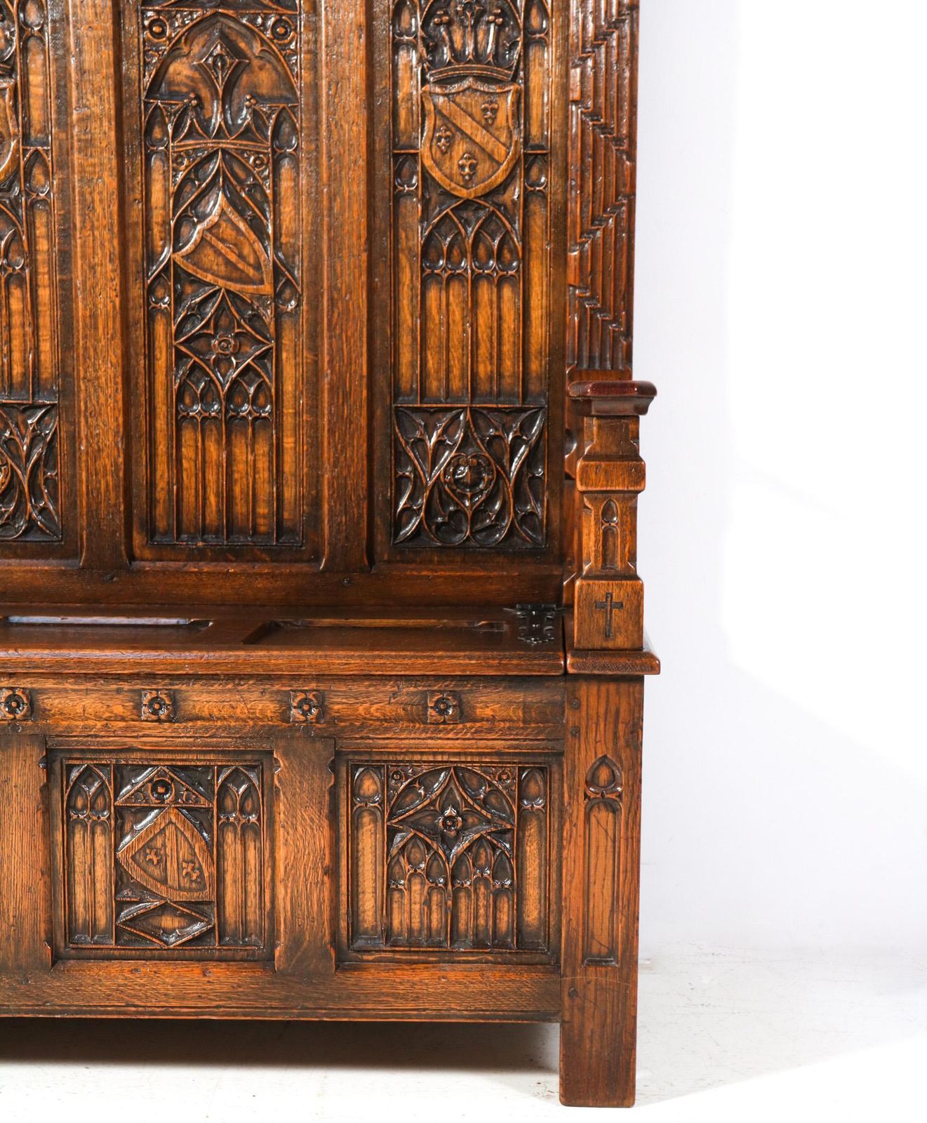 Gothic Revival Oak High Back Hall Bench, 1900s photo vintage