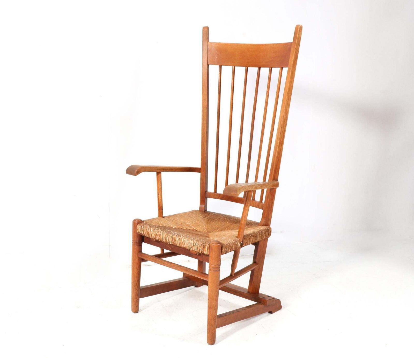 Oak Arts & Crafts Art Nouveau High Back Armchair With Rush Seat, 1900s photo Furniture