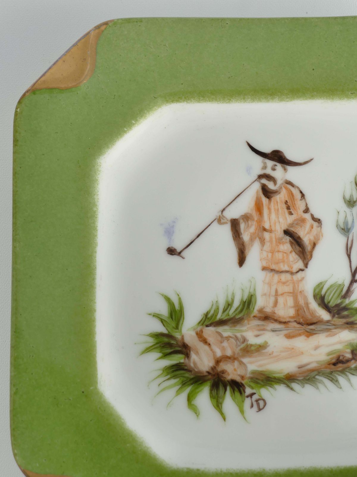 Handpainted Green And Gold Porcelain Ashtray With Chinoiserie Smoking Motif photo Home Decor