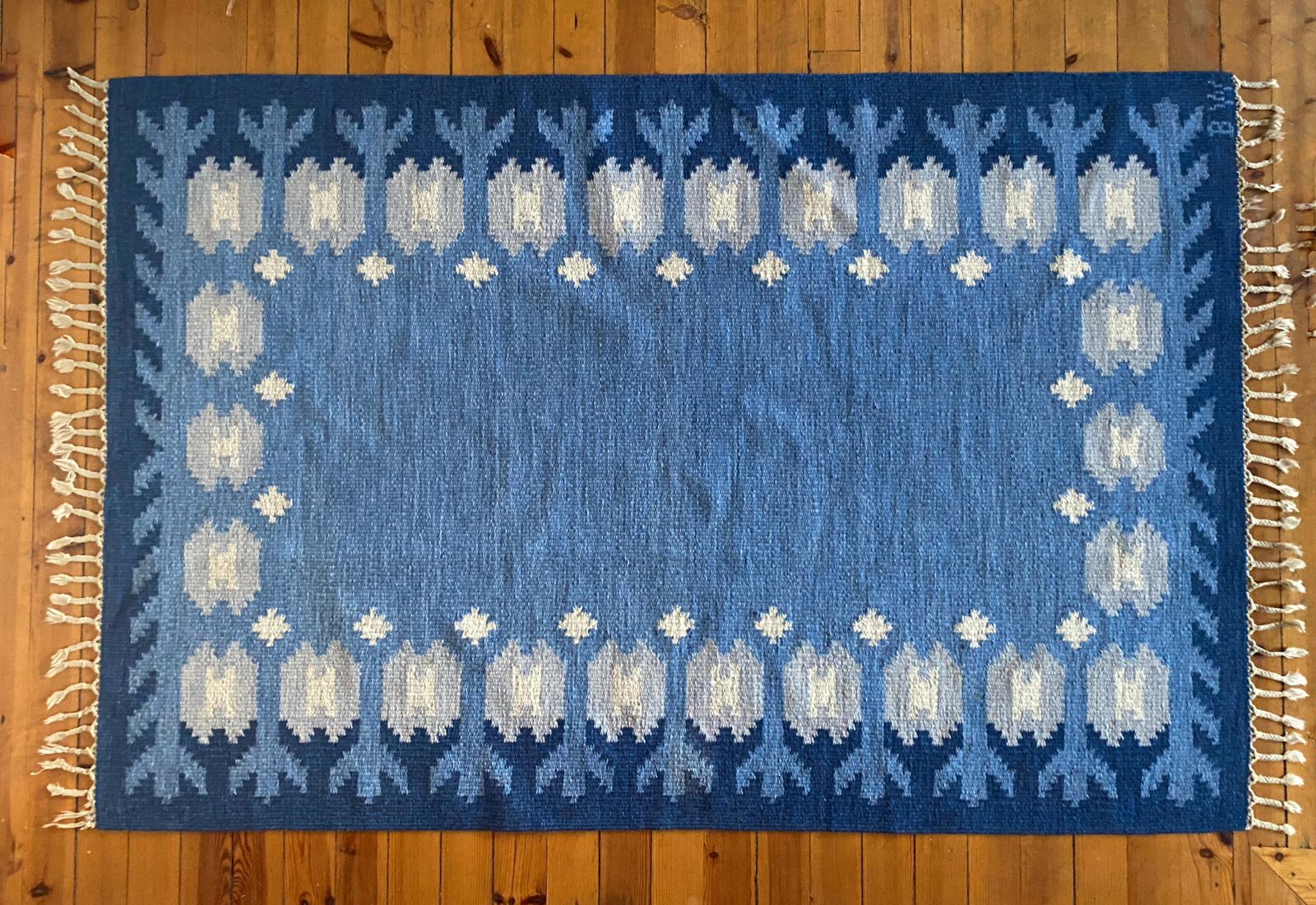 Scandinavian Modern Blue Rölakan Flatweave Rug By Berit Koenig Woelfer Sweden photo for sale