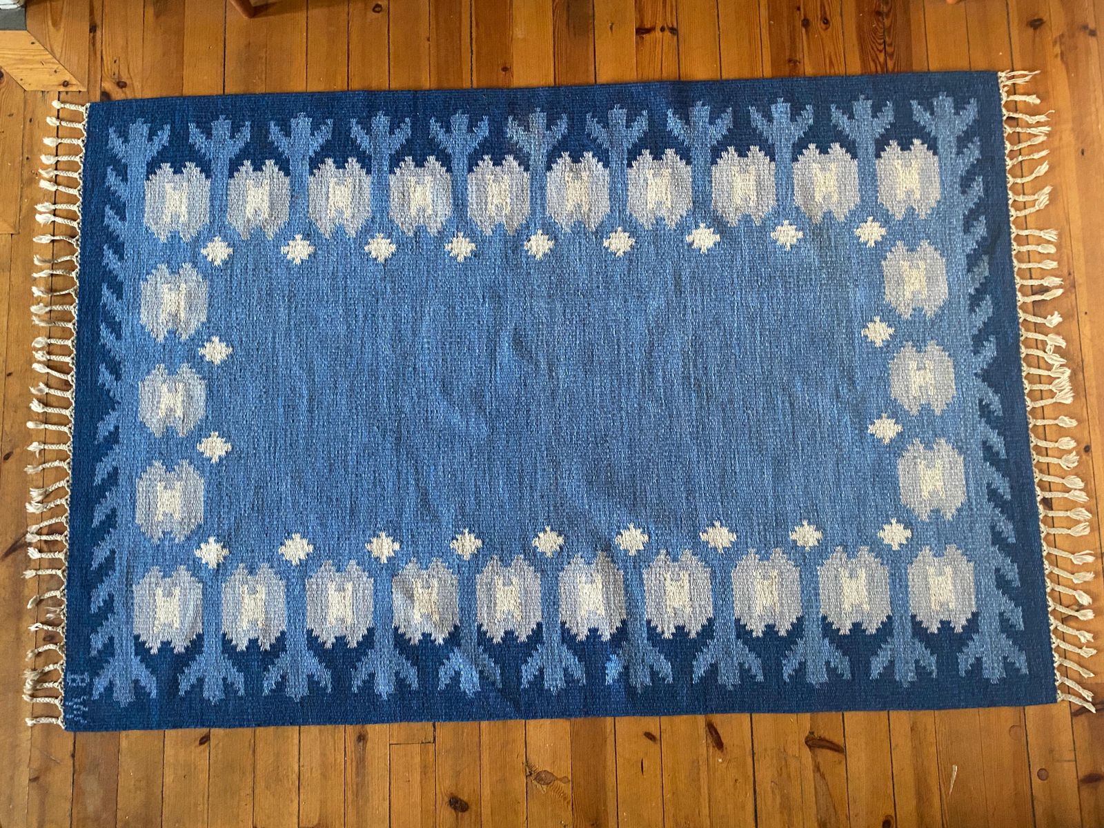 Scandinavian Modern Blue Rölakan Flatweave Rug By Berit Koenig Woelfer Sweden photo vinterior