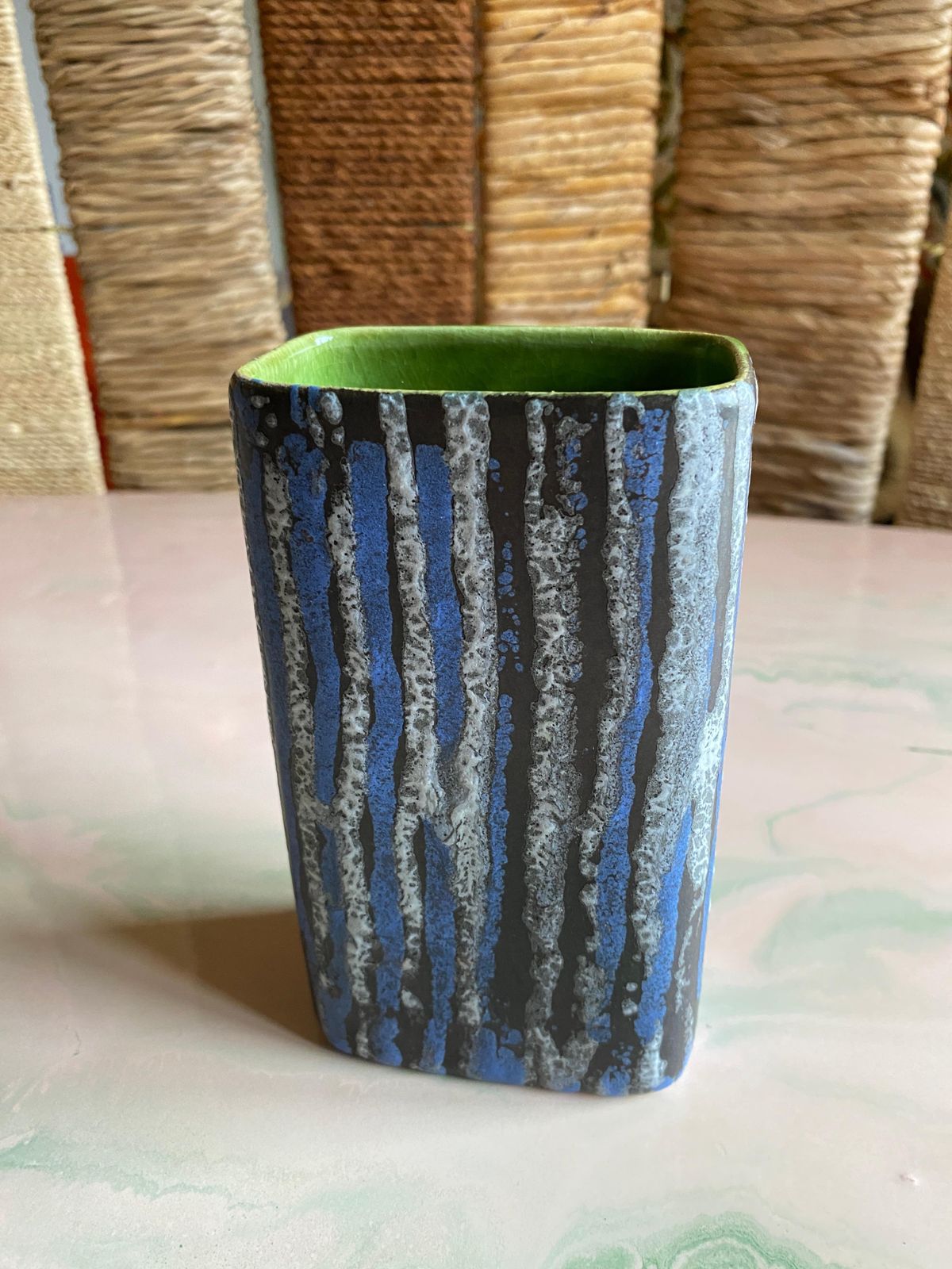 photo furniture Midcentury Modern Blue And White Striped Fat Lava Stoneware Vase By Jasba, 1960s