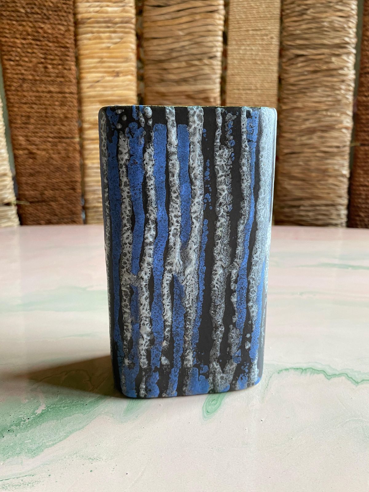 photo for sale Midcentury Modern Blue And White Striped Fat Lava Stoneware Vase By Jasba, 1960s