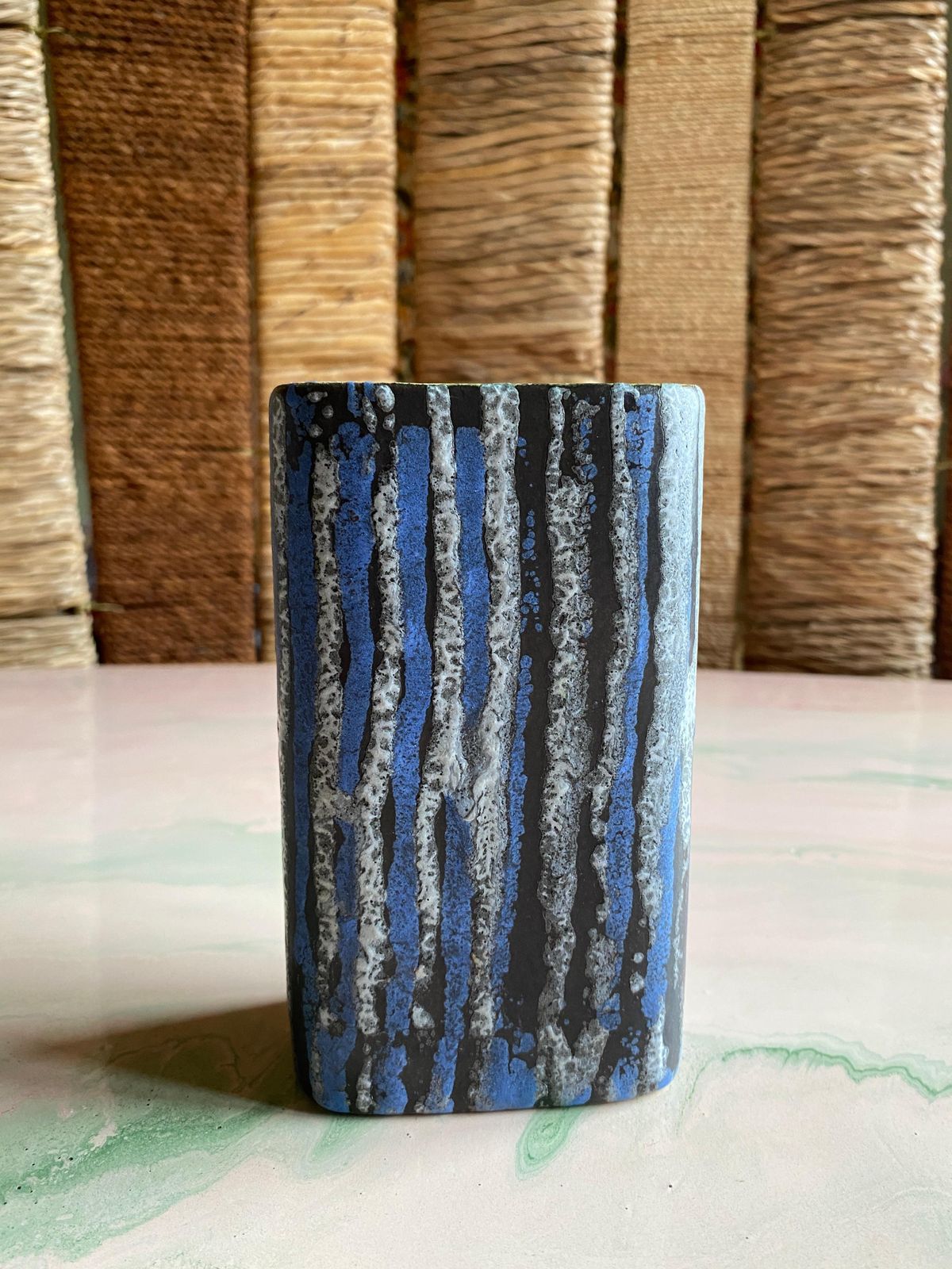 385.0 Midcentury Modern Blue And White Striped Fat Lava Stoneware Vase By Jasba, 1960s photo