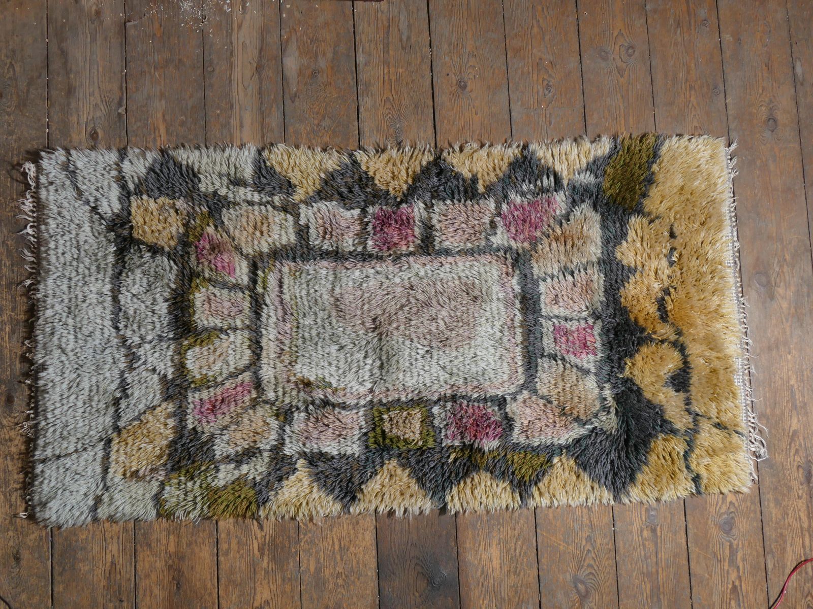 Scandinavian Modern High Pile Geometric Handmade Wool Rya Rug, Sweden 1960s photo furniture