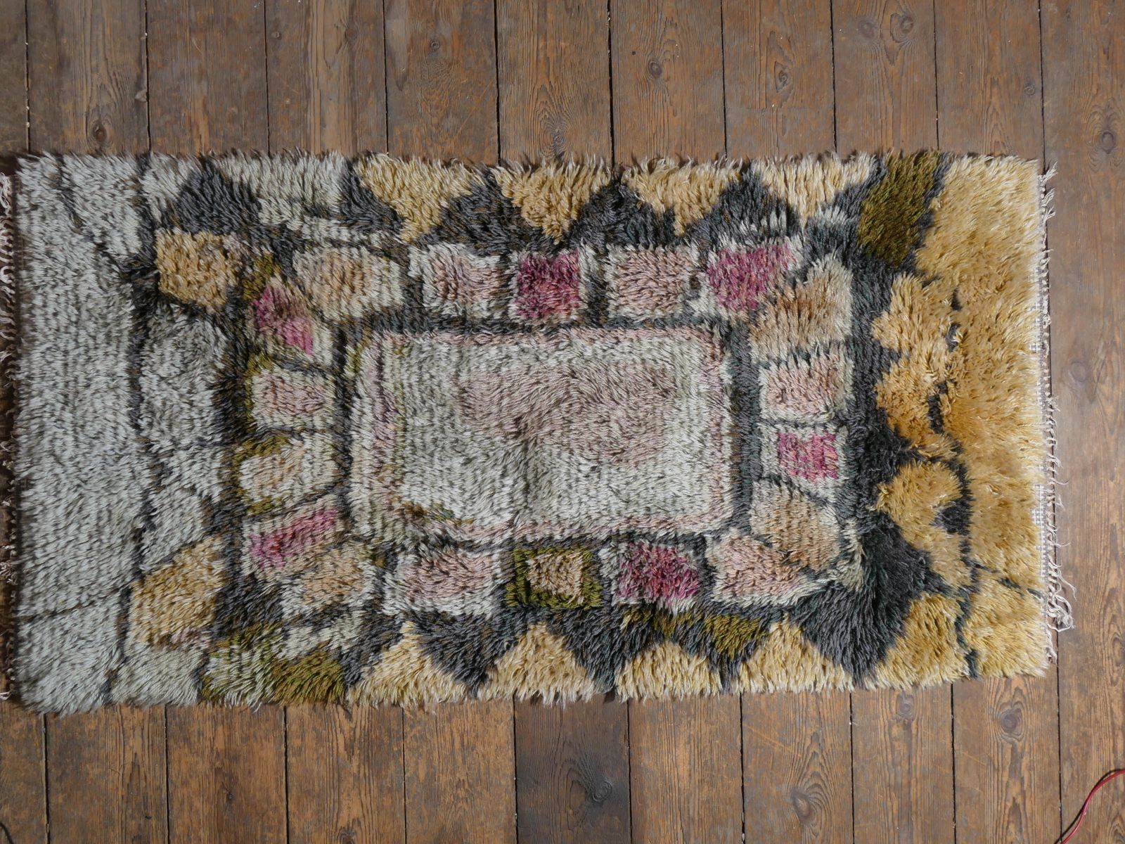 Scandinavian Modern High Pile Geometric Handmade Wool Rya Rug, Sweden 1960s photo Textiles