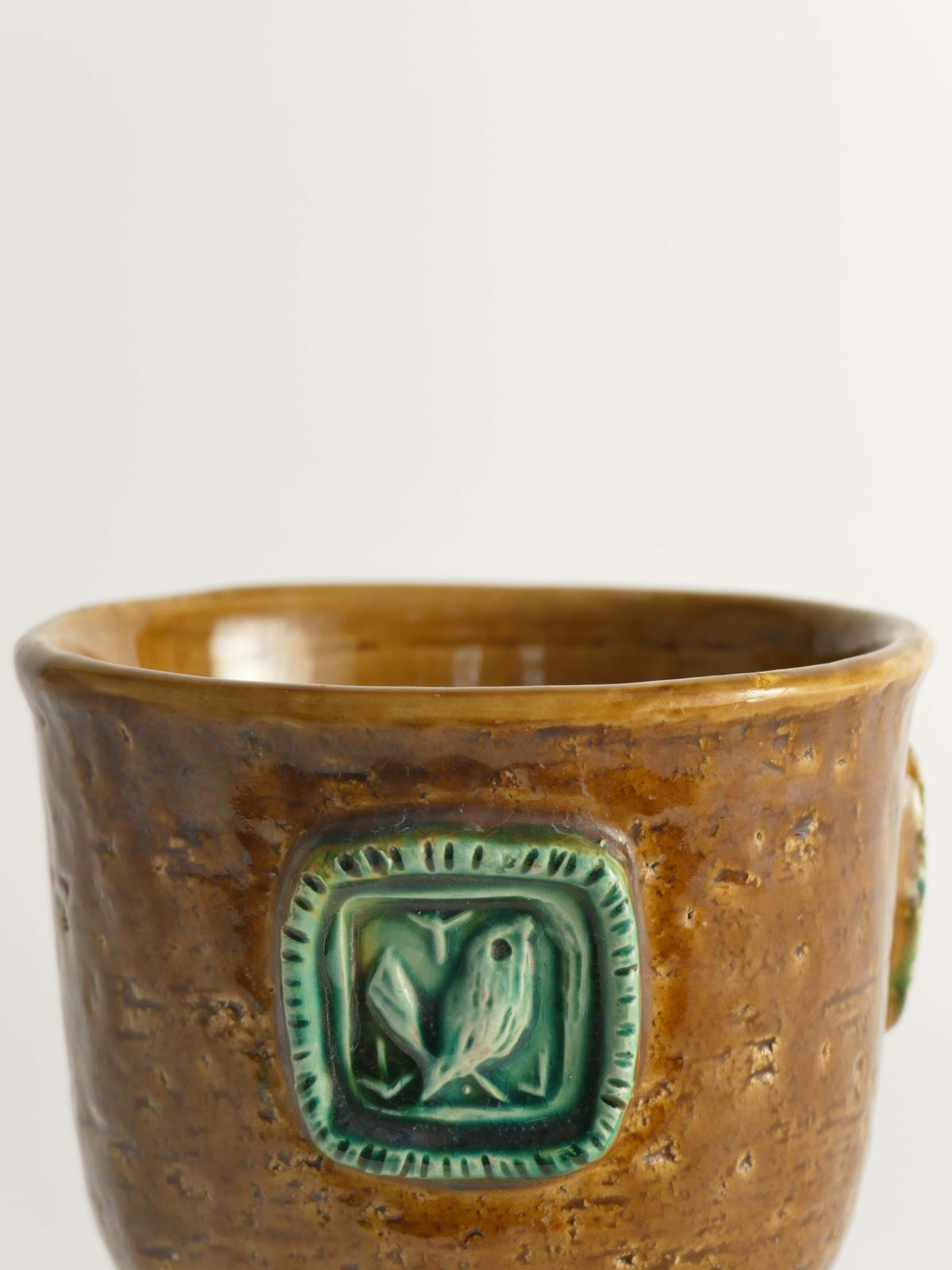 414.0 Mustard Brown Stoneware Vase With Celadon Green Birds By Aldo Londi For Bitossi photo
