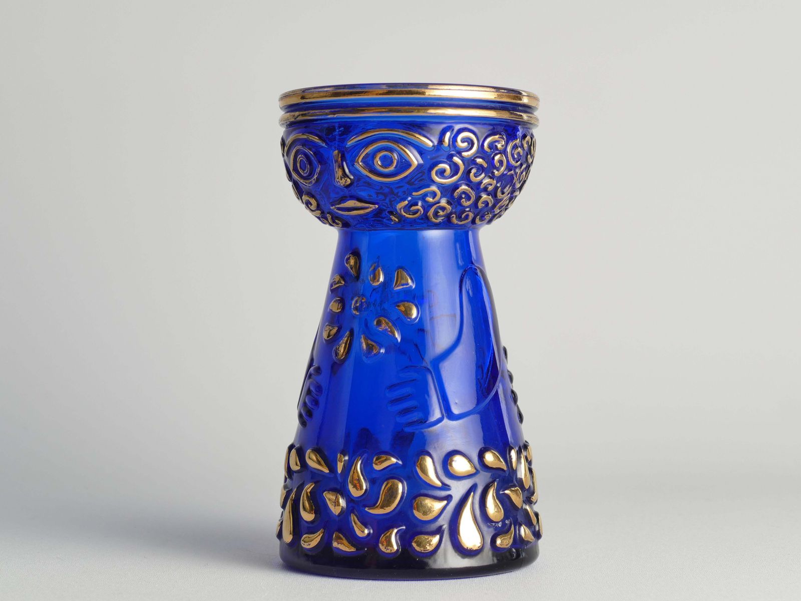 photo for sale Mid Century Modern Cobalt Blue And Gold Glass Hyacinth Vase By Walther Glas