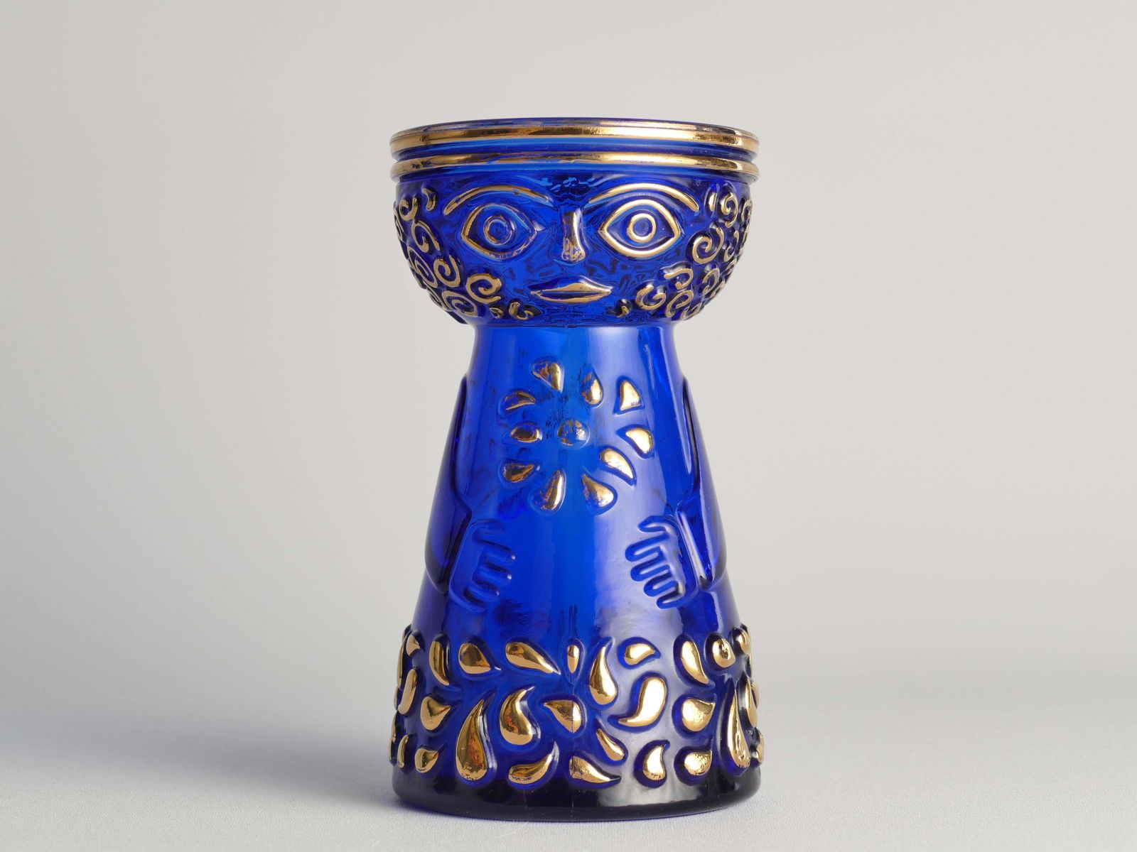 Home Decor Mid Century Modern Cobalt Blue And Gold Glass Hyacinth Vase By Walther Glas photo