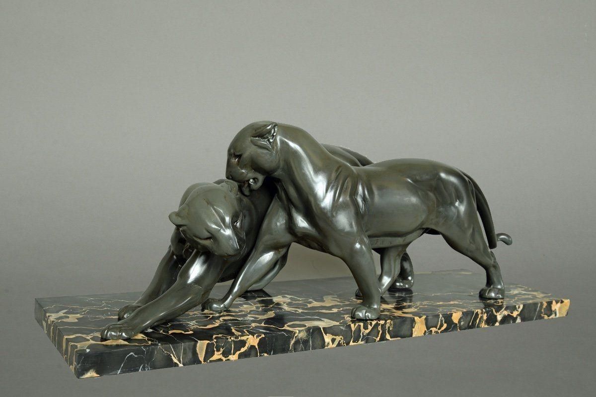 Art Deco Pair Of Panthers, Signed Plagnet, Spelter, Marble, France Circa 1930 photo furniture