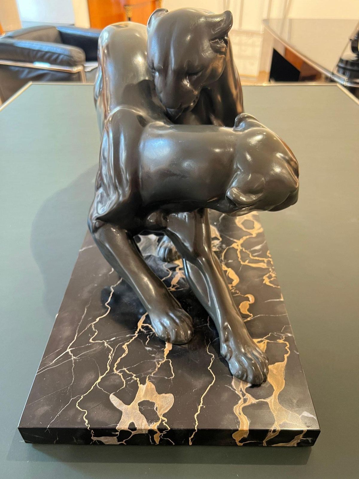 photo for sale Art Deco Pair Of Panthers, Signed Plagnet, Spelter, Marble, France Circa 1930