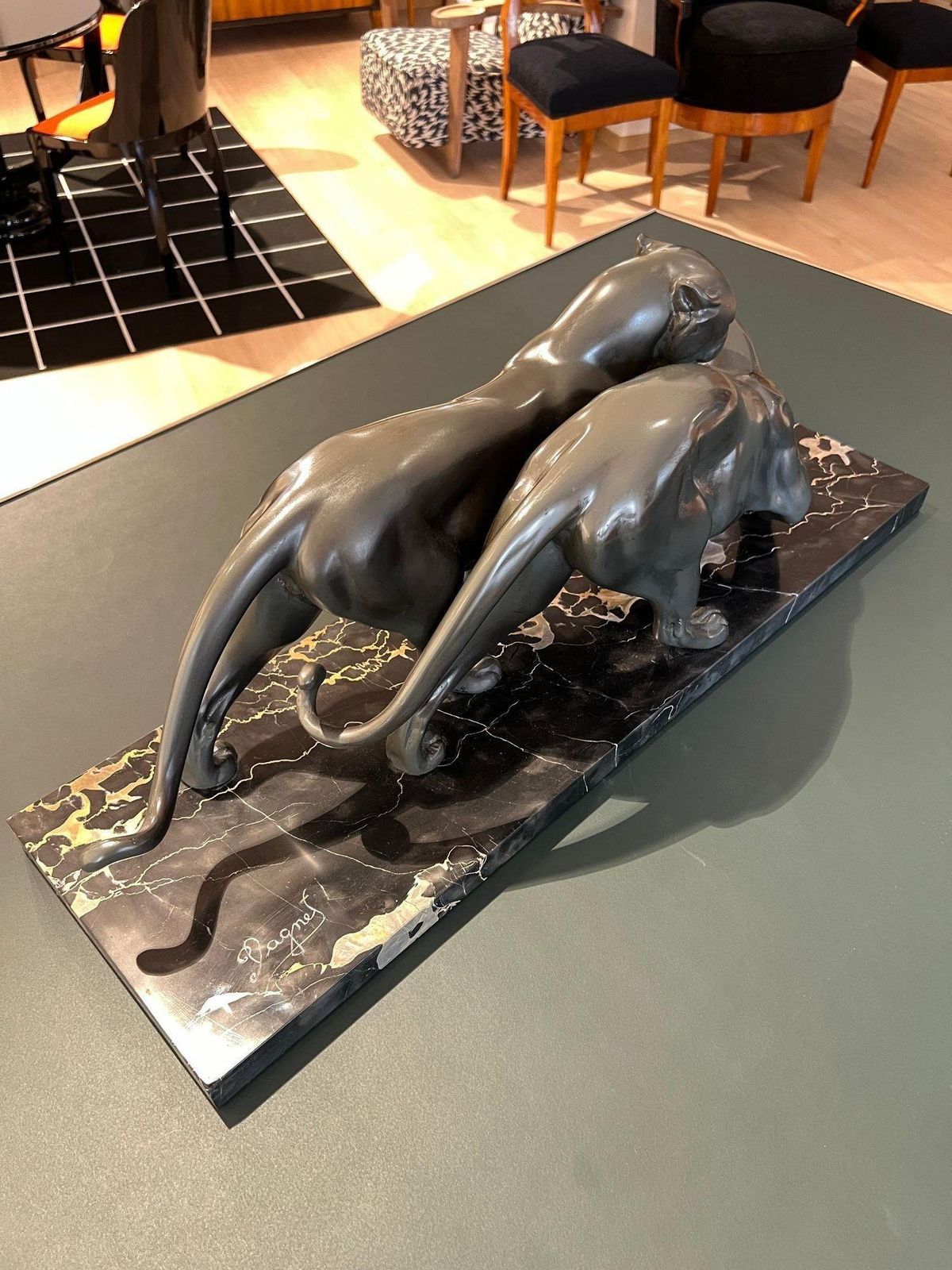 Art Art Deco Pair Of Panthers, Signed Plagnet, Spelter, Marble, France Circa 1930 photo