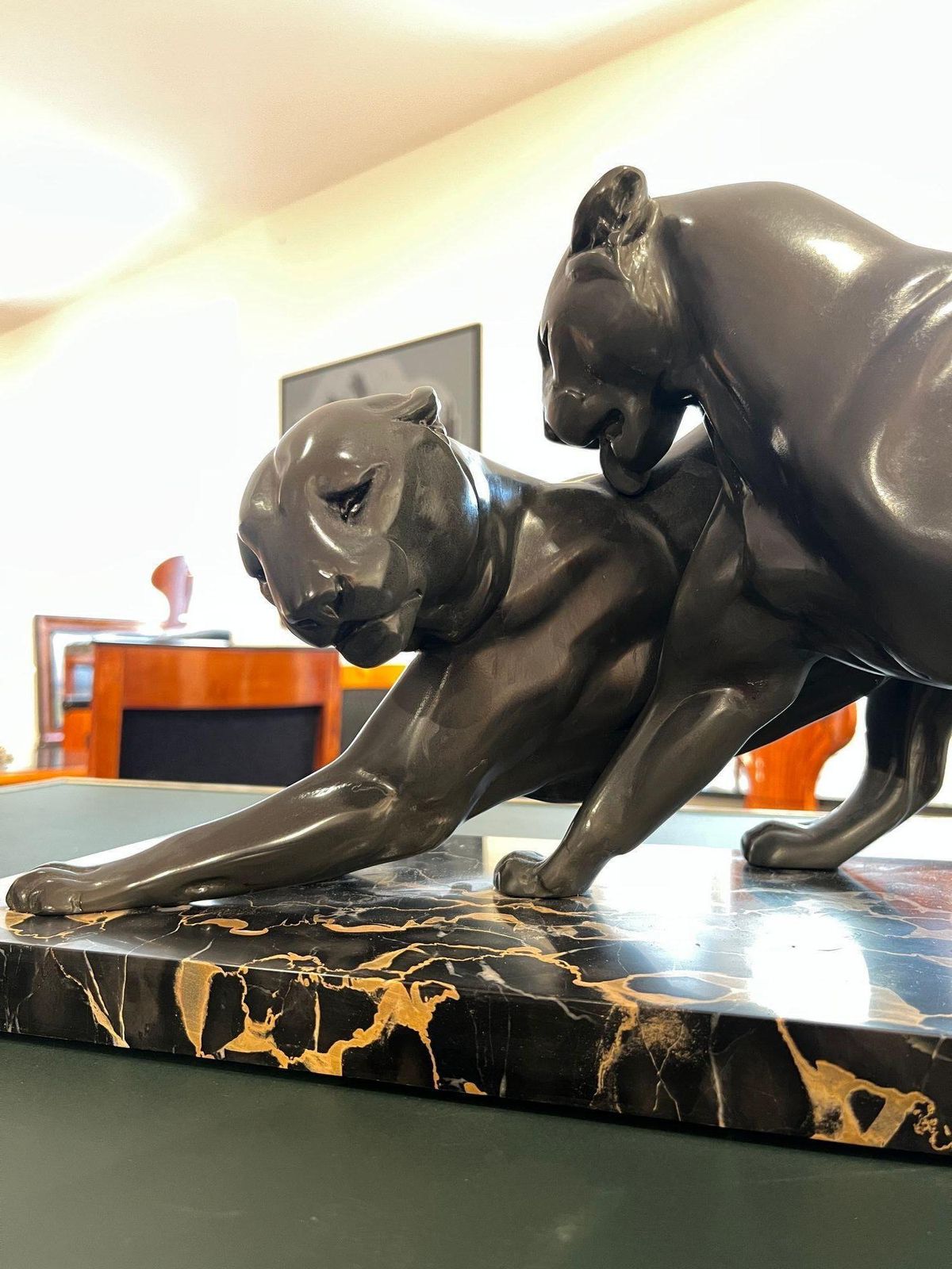 4803.0 Art Deco Pair Of Panthers, Signed Plagnet, Spelter, Marble, France Circa 1930 photo