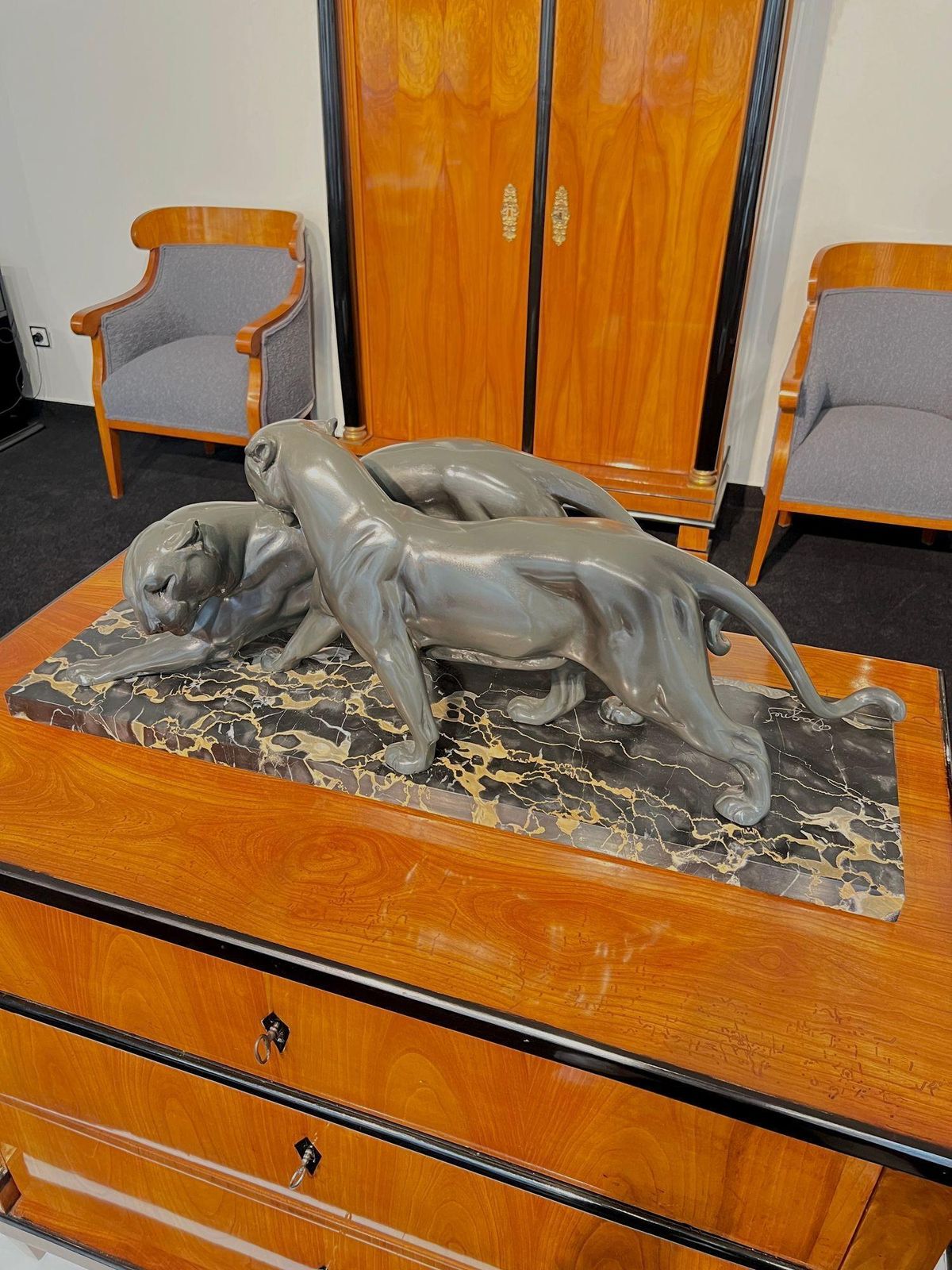 photo buy Art Deco Pair Of Panthers, Signed Plagnet, Spelter, Marble, France Circa 1930