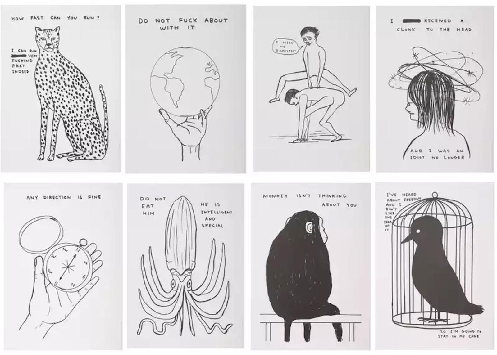 David Shrigley Human Behaviour And Animals And Existentialism Volledige Set Van 8 Prints 2022