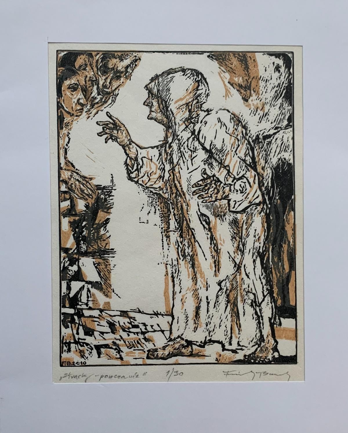Franciszek Bunschfears   A Lesson. Black And White, Orange Linodcut, Figurative, Polish Artist2010 photo furniture
