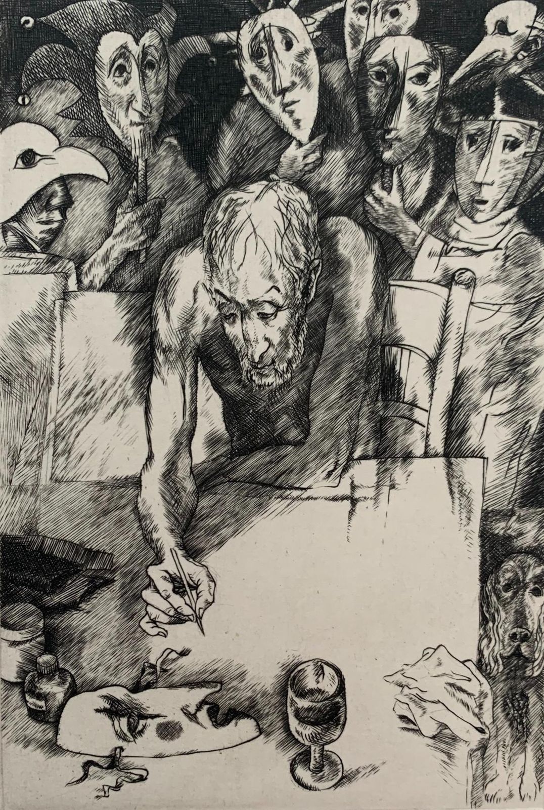 Franciszek Bunschfaces And Masks. Black And White Print, Figurative, Polish Artist1986