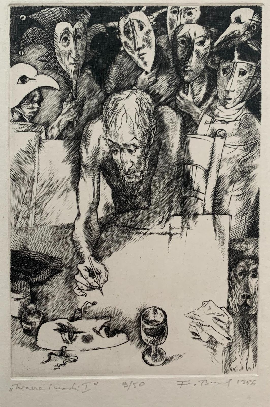 Franciszek Bunschfaces And Masks. Black And White Print, Figurative, Polish Artist1986 photo for sale
