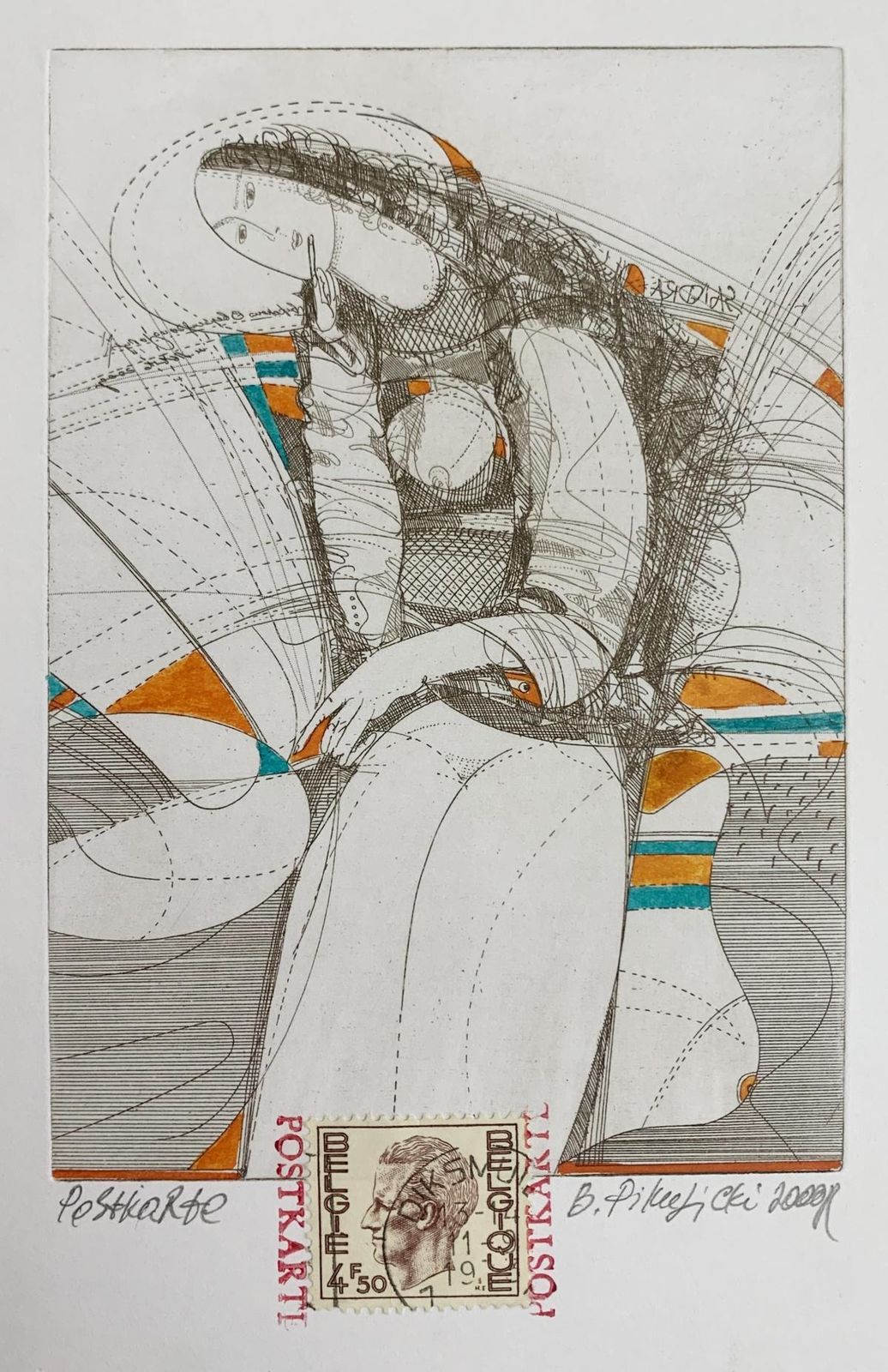 Bogdan Pikulickia Nude. Contemporary Print, Colorful, Post Stamp, European Artist2000
