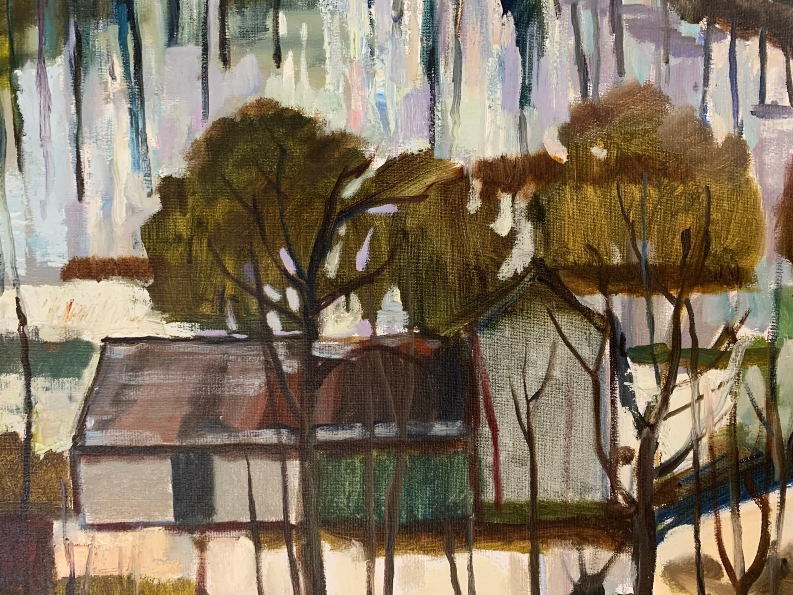Marek Niedojadłohouses With Mountain Backdrop. Oil Landscape Painting, Figurative, Polish Art2024 photo for sale