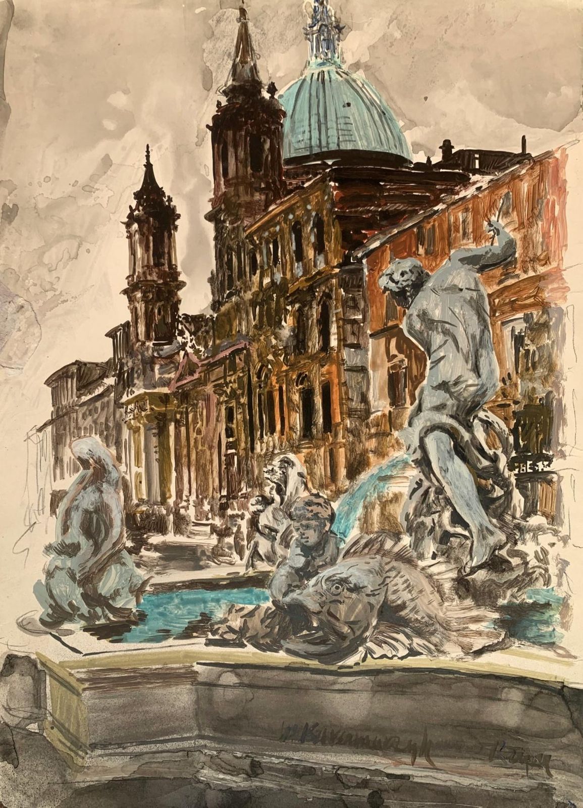 Włodzimierz Karczmarzykrome, Navona Square. Acrylic On Paper, Architecture, Classic, Polish Artist1989